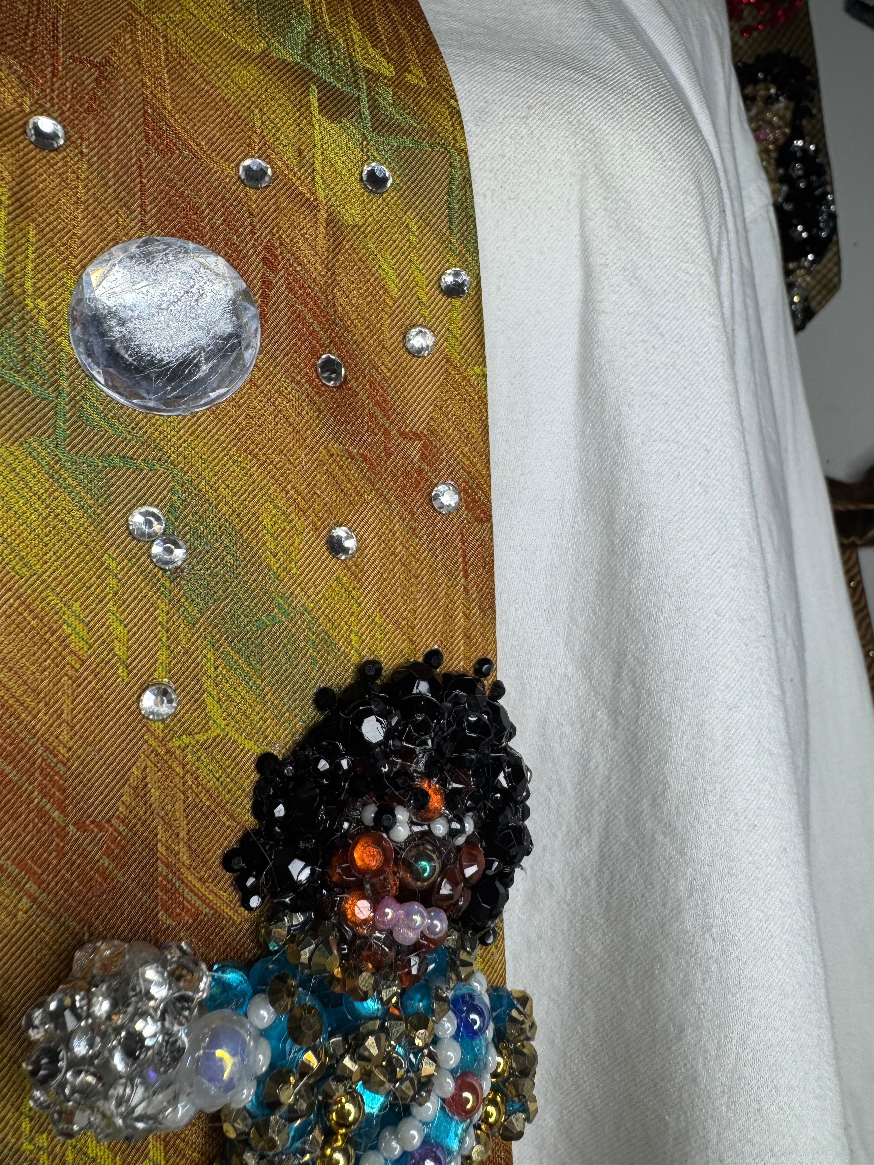 Multicolored Striped Michael Jackson Light Blue and Gold Fist Out Pose Victory Tour 1984 Tie