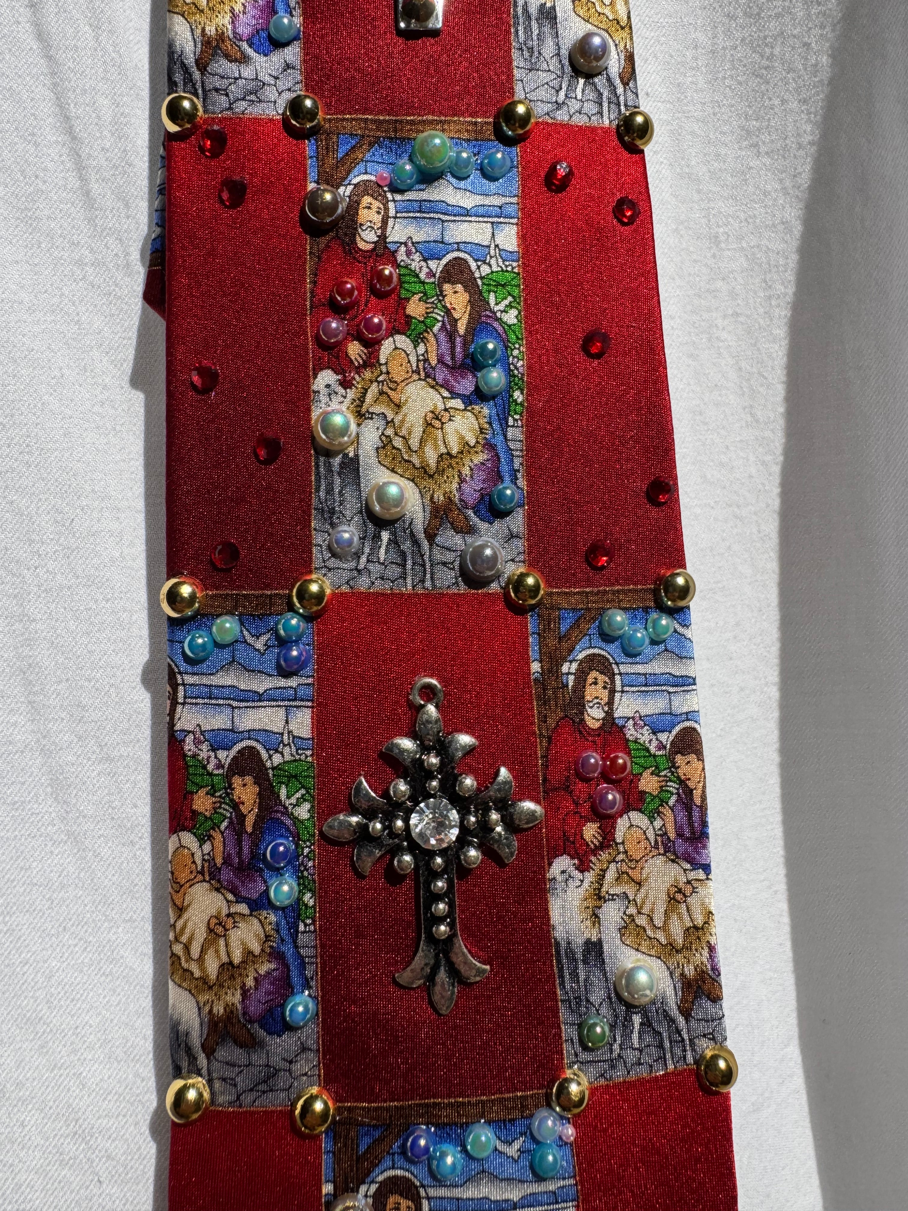 Red Checkered Nativity Scene Royalty Church Tie