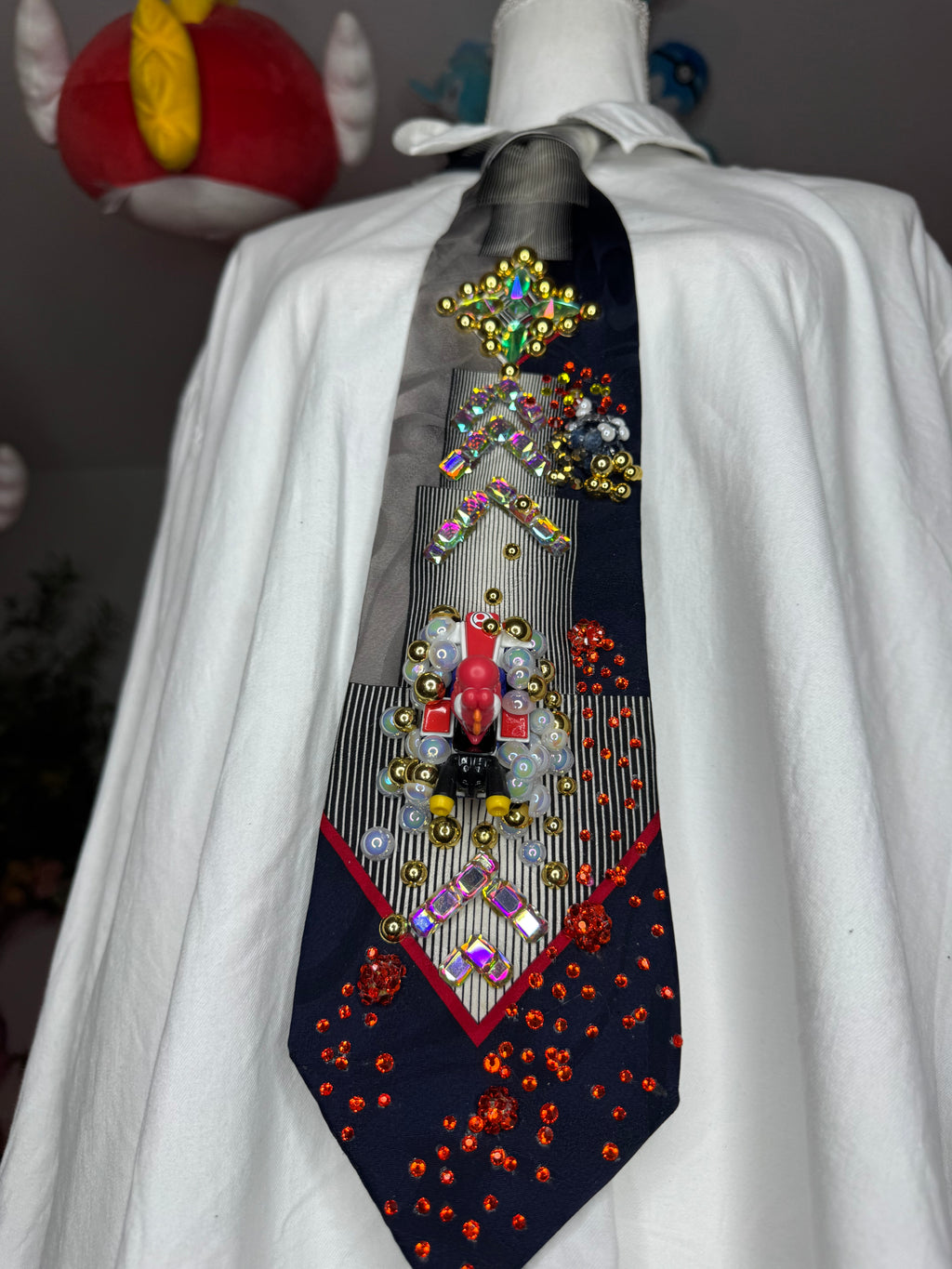 Navy Blue and Grey Red Yoshi Throwing Bobomb Down Escalator Track 200cc Mario Kart Tie