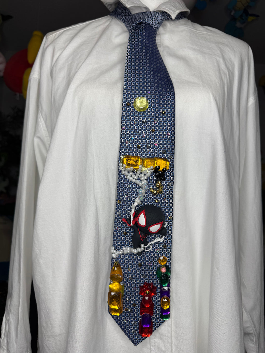 Blue Miles Morales Webbing Himself to Crane In City Spiderman Tie