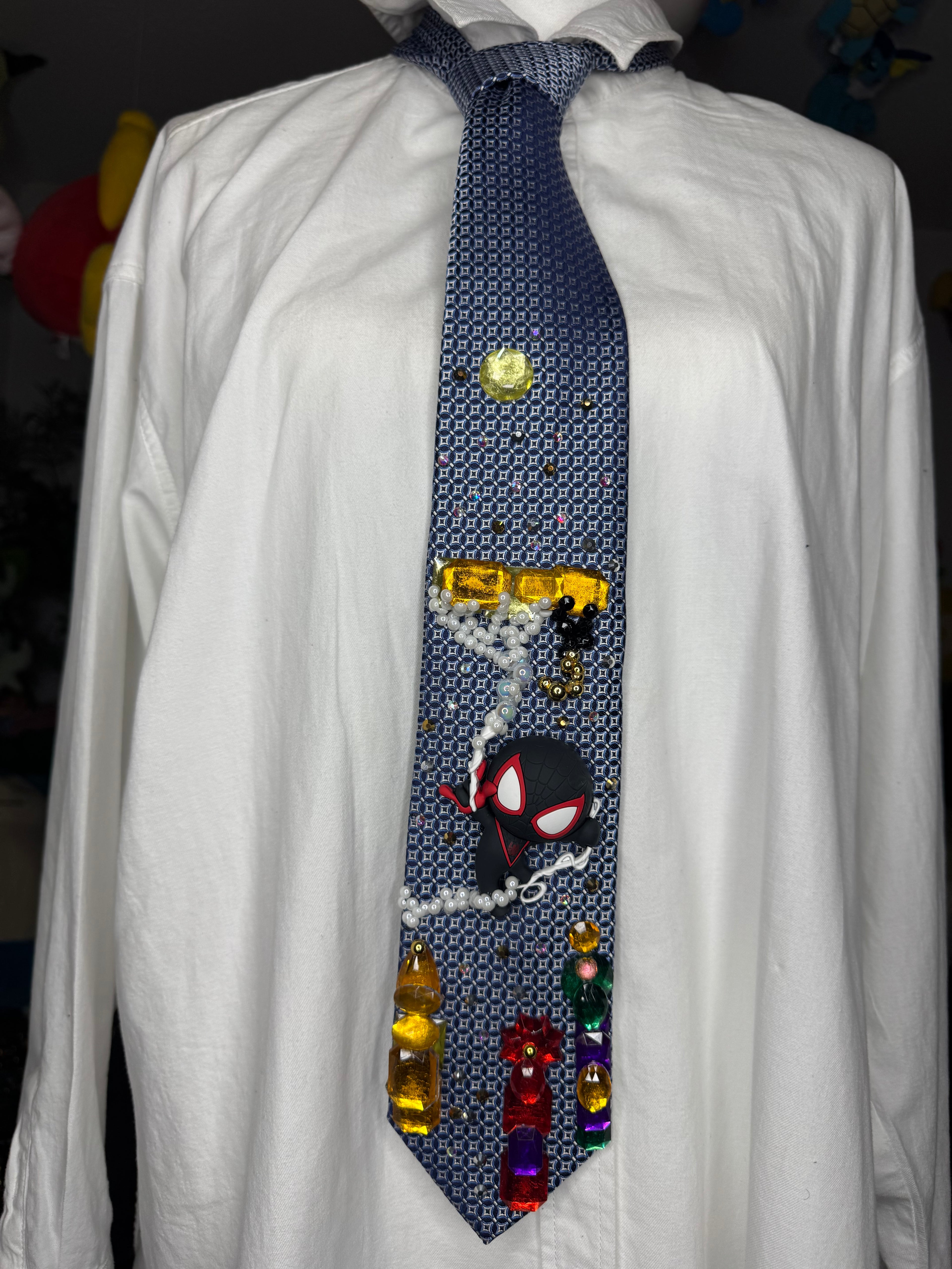 Blue Miles Morales Webbing Himself to Crane In City Spiderman Tie