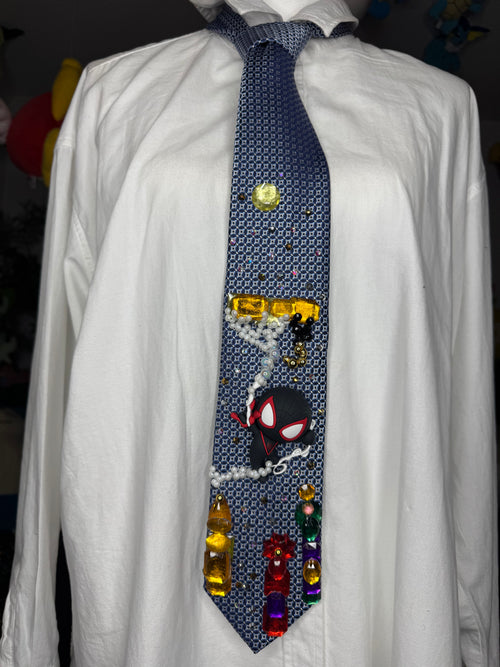 Blue Miles Morales Webbing Himself to Crane In City Spiderman Tie