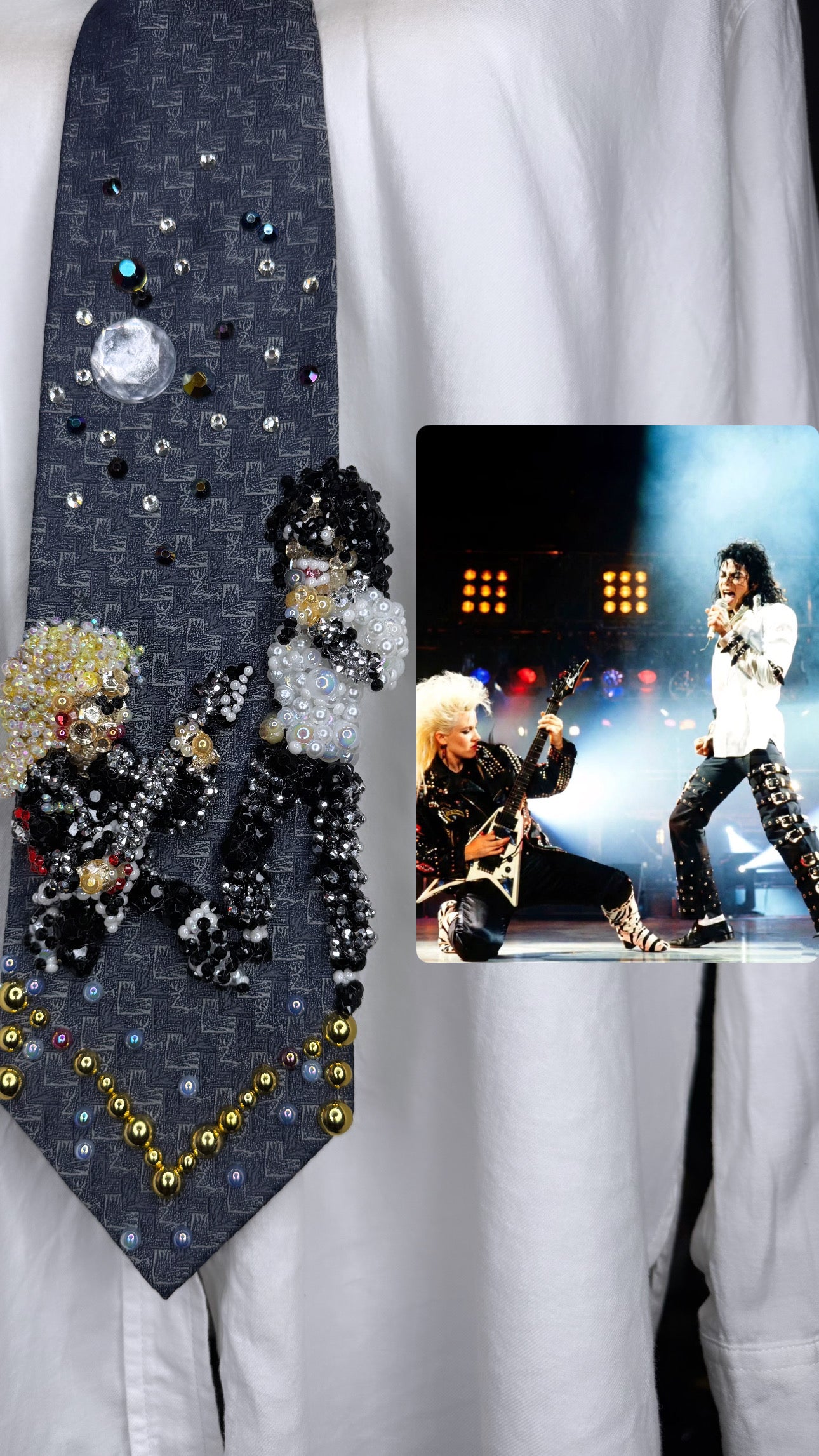 Light Navy Blue Michael Jackson & Jennifer Batten Rocking Out to Dirty Diana Live Wembly Concert Bad Tour 1988 Tie
