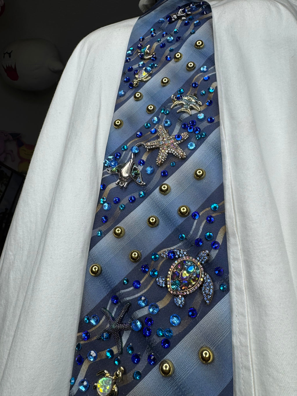 Blue Striped Wavy Ocean Floor Aquatic Nature Tie
