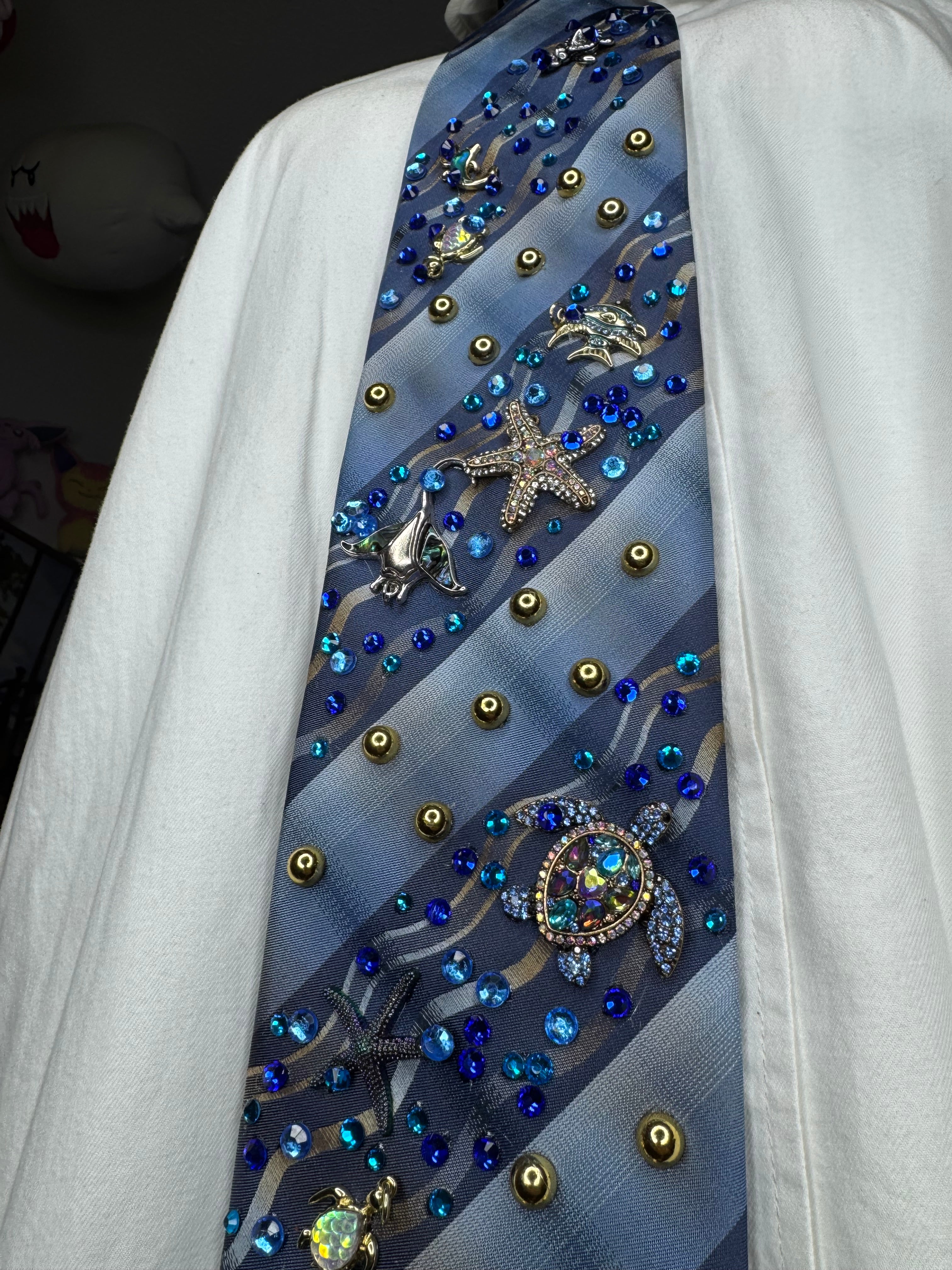 Blue Striped Wavy Ocean Floor Aquatic Nature Tie