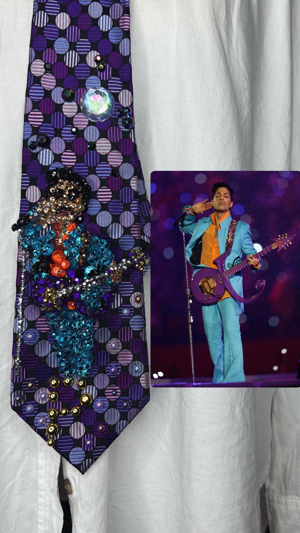 Purple Polkadot Prince With Hand to Ear Performing Purple Rain in the Rain for Superbowl XLI 2007 Tie