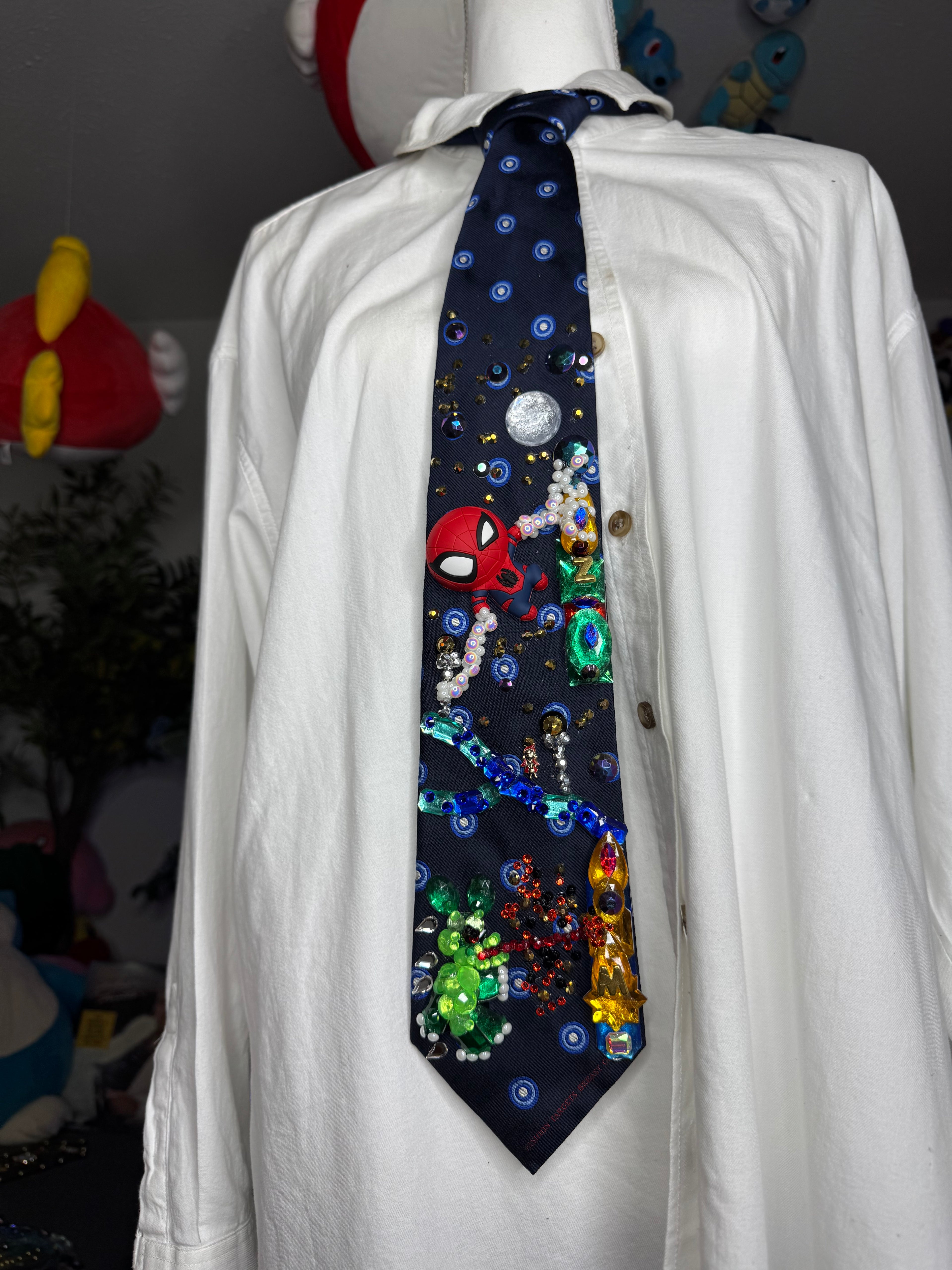 Navy Blue Spiderman Vs Evil Green Rabbit Robot Attacking City Tie