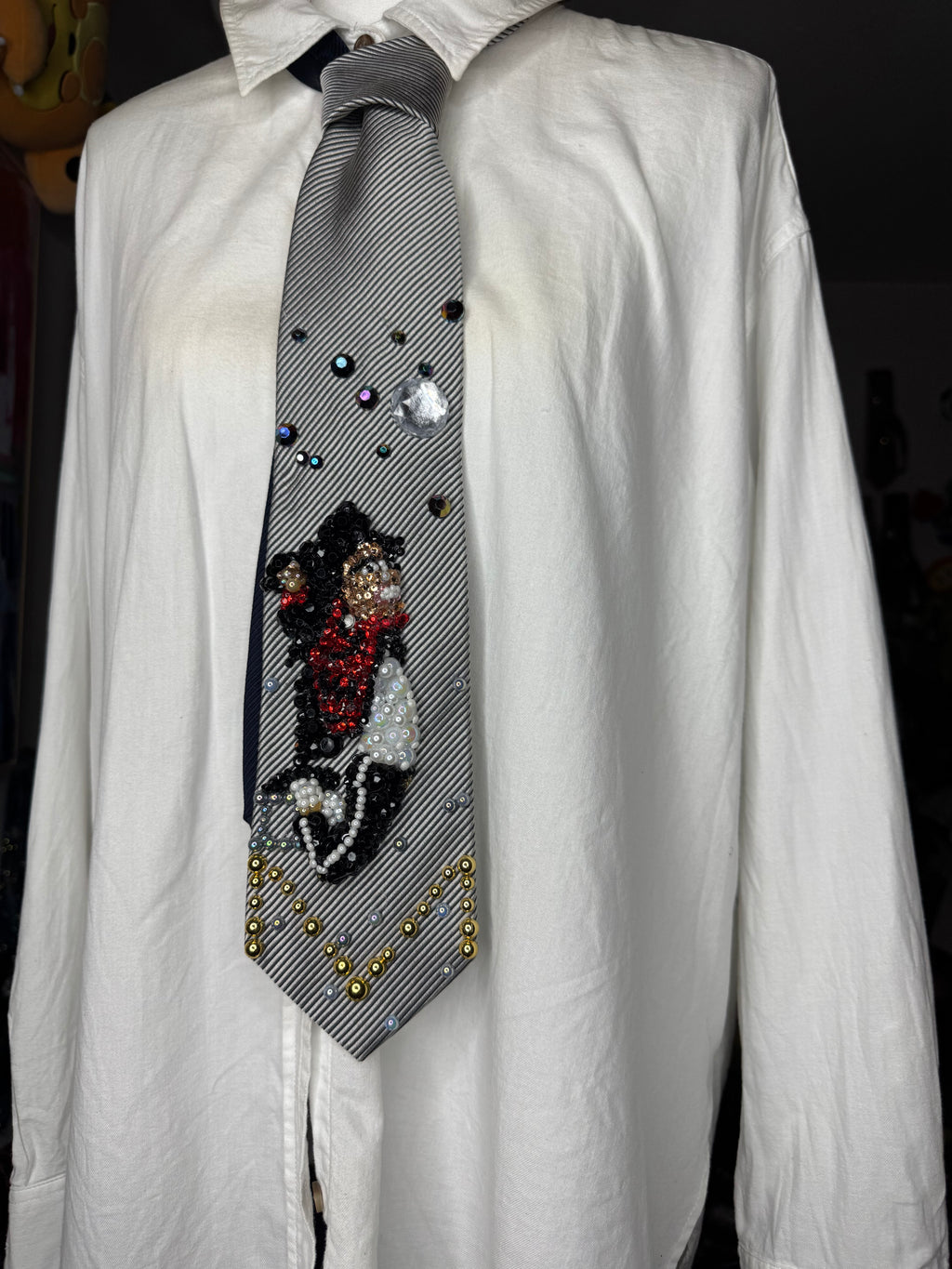 Grey Michael Jackson Hanging Off Moving Platform To Beat It For Bad Tour Wembly Concert 1988 Tie