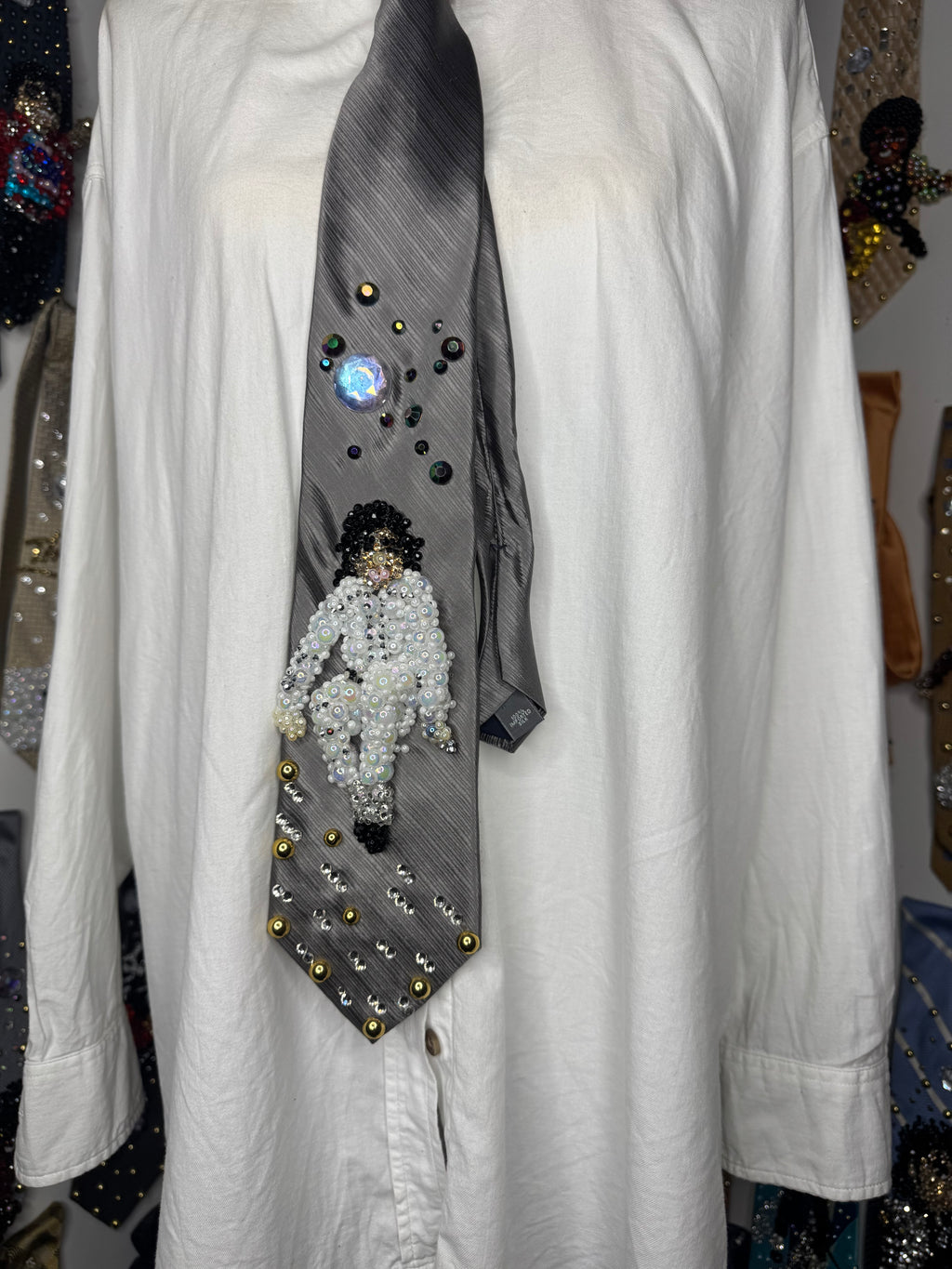 Metallic Grey Michael Jackson In the Air In All White Jumpsuit Performing Workin Day n Night Bad Tour 1988 Tie