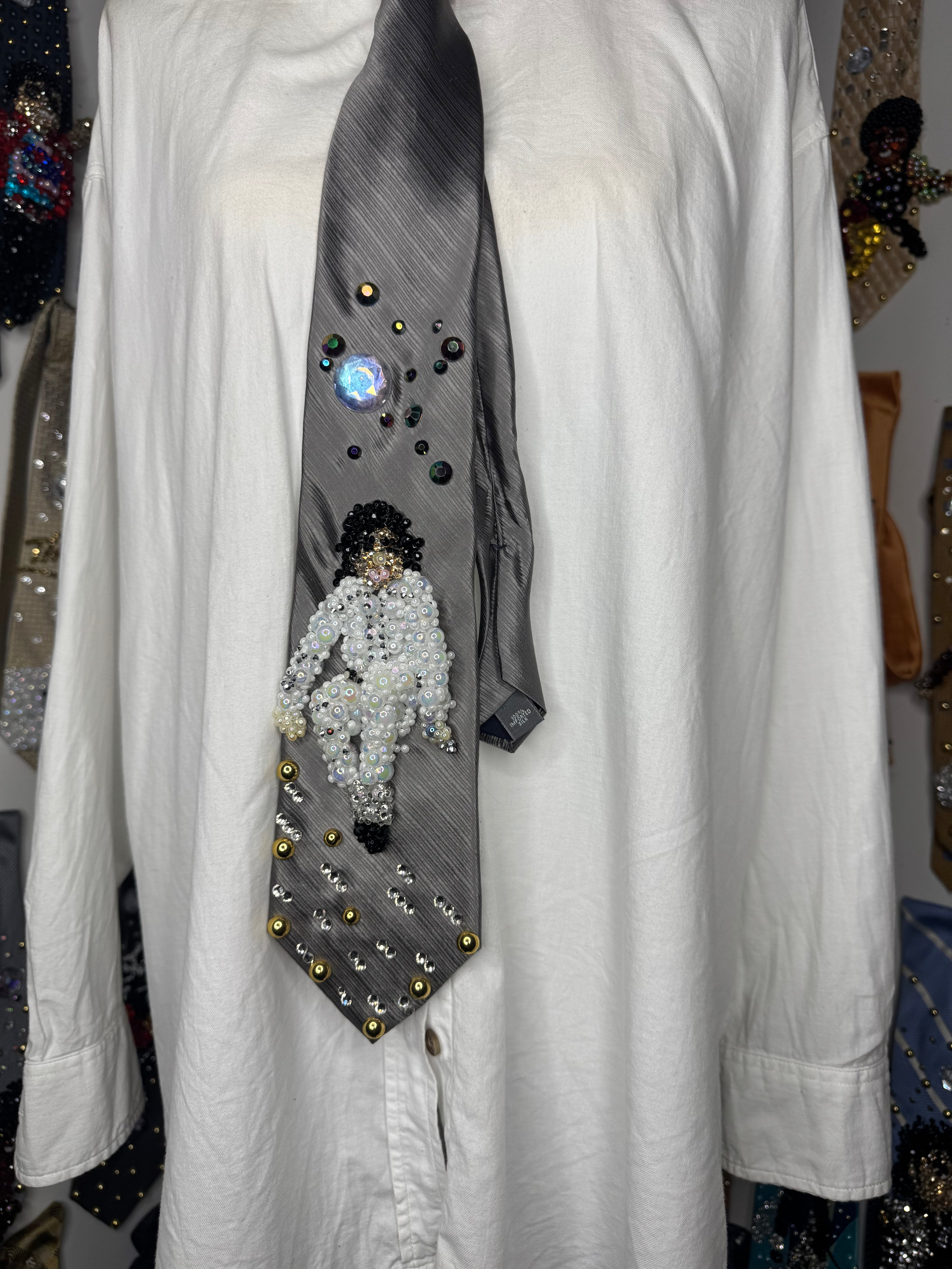Metallic Grey Michael Jackson In the Air In All White Jumpsuit Performing Workin Day n Night Bad Tour 1988 Tie