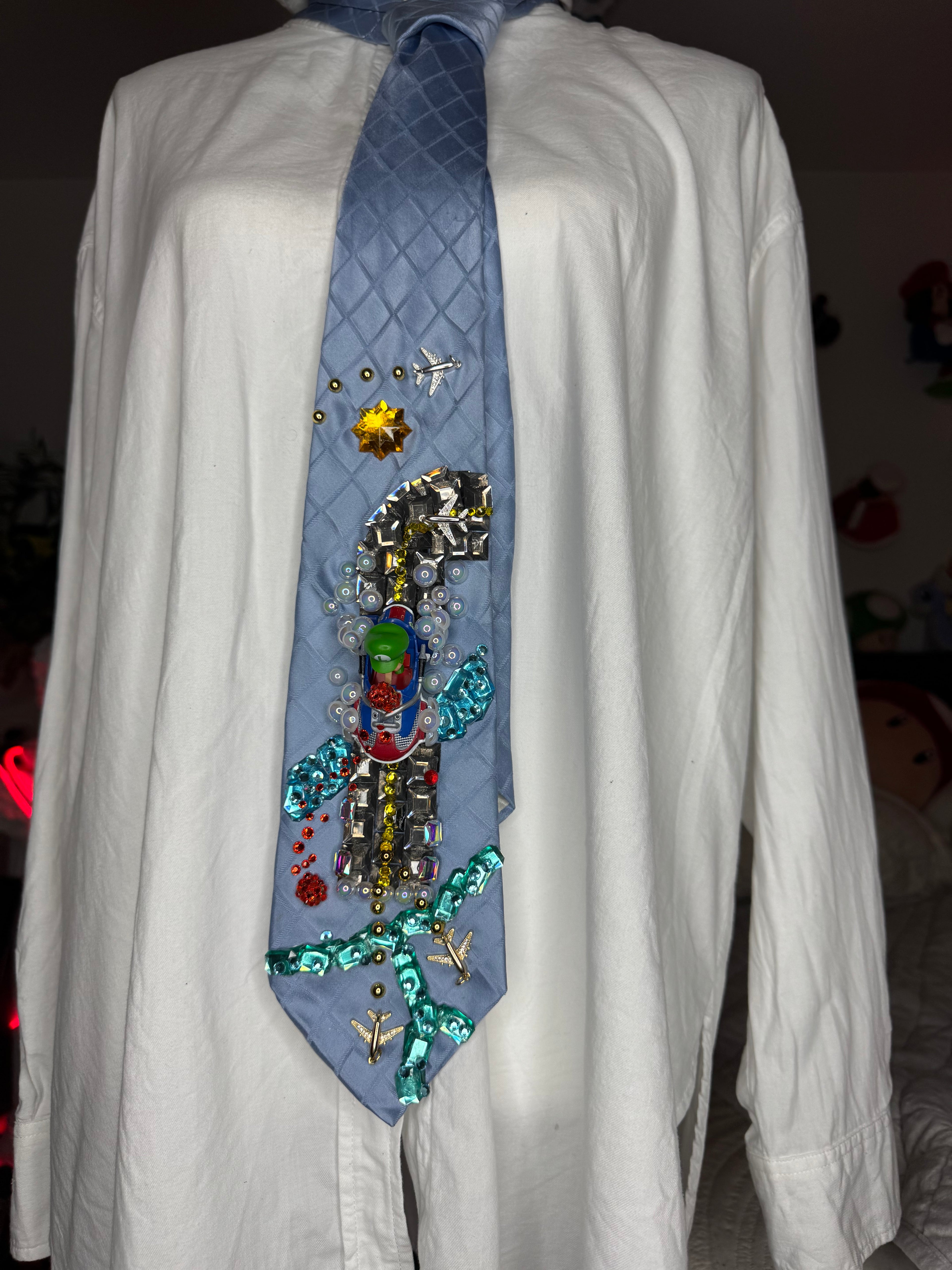 Sky Blue Baby Luigi About to Take Fly On Sunshine Airport 200cc Mario Kart Tie