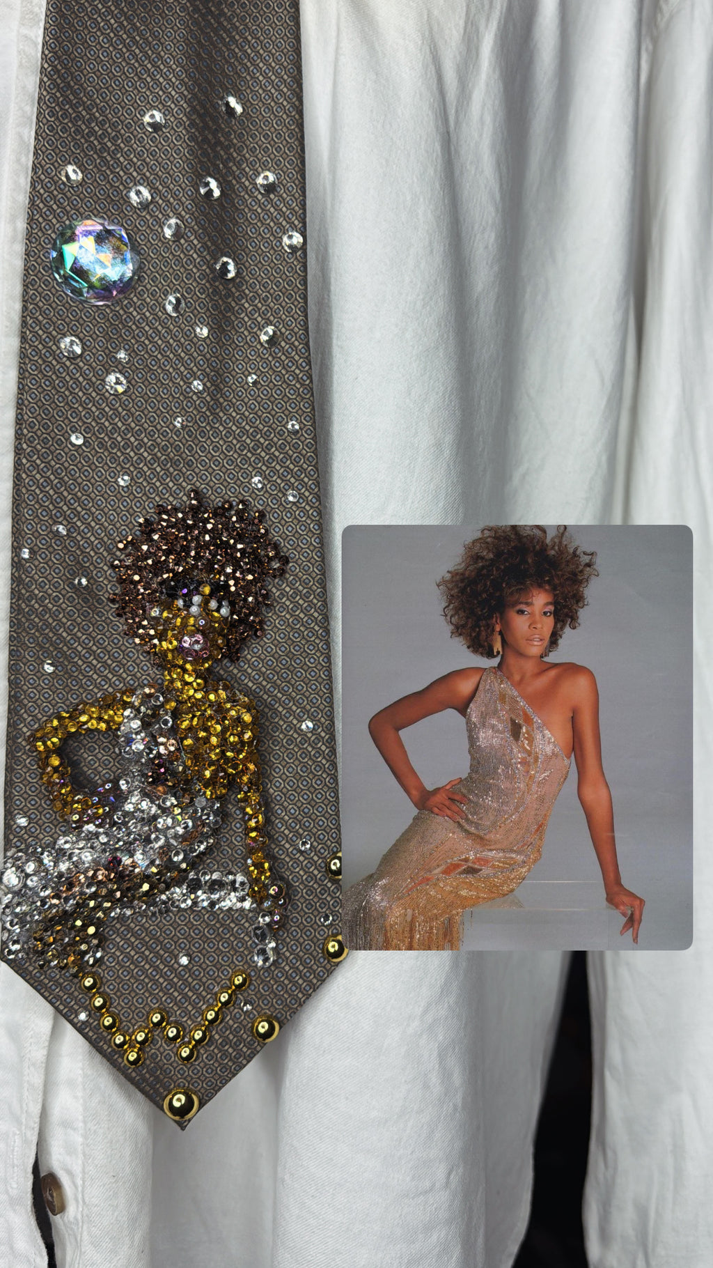 Brown Whitney Houston Posing on Clear Bench in Crystal Royalty Open Shoulder Dress For Photoshoot Tie