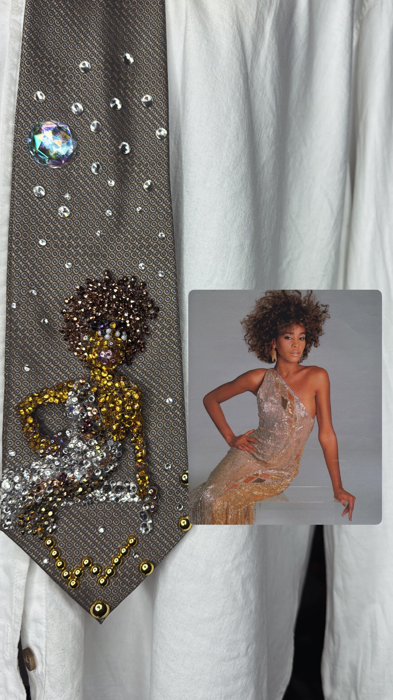 Brown Whitney Houston Posing on Clear Bench in Crystal Royalty Open Shoulder Dress For Photoshoot Tie