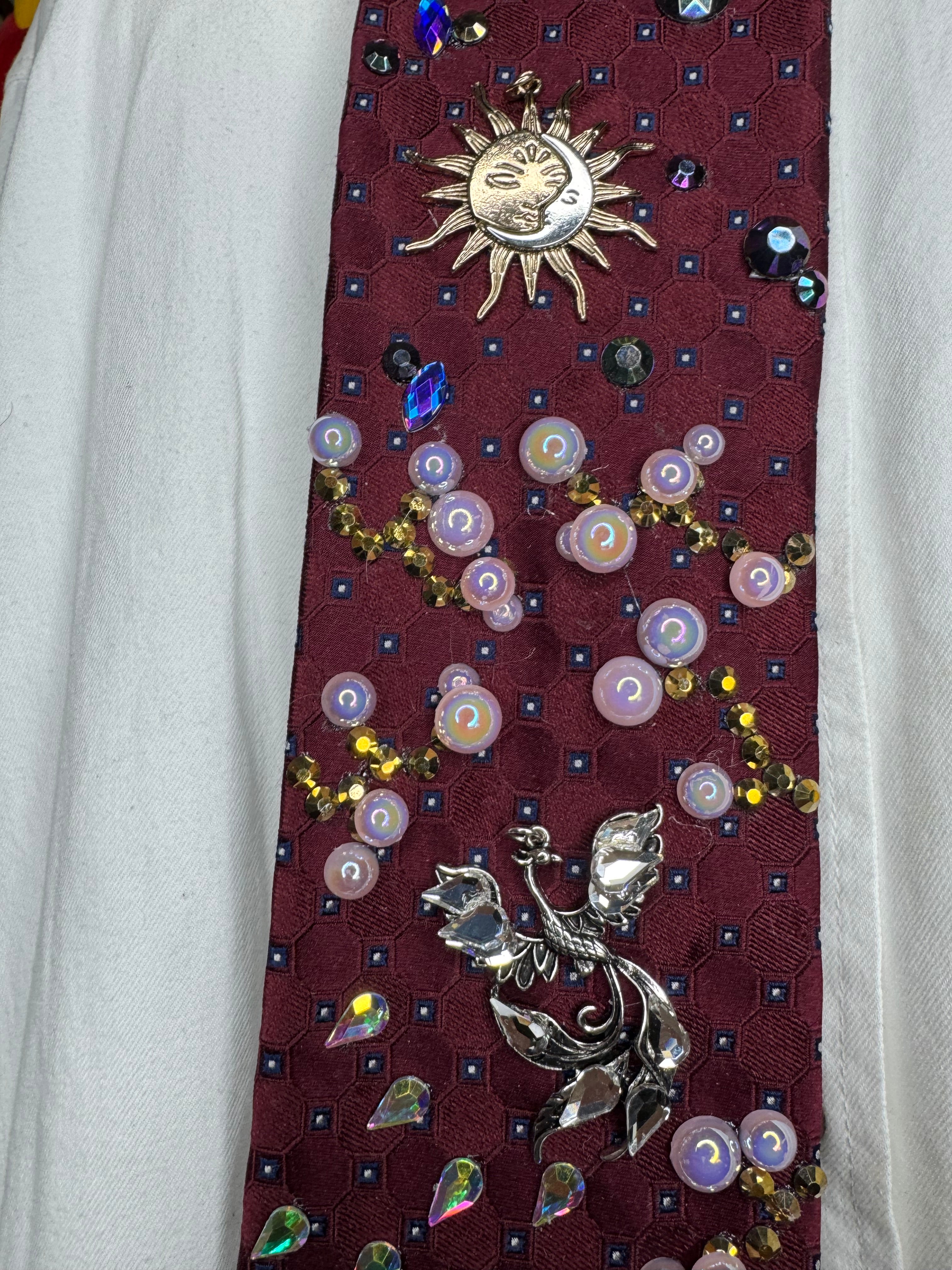 Burgundy Silver Phoenix Cherry Blossoms Nature Royalty Tie