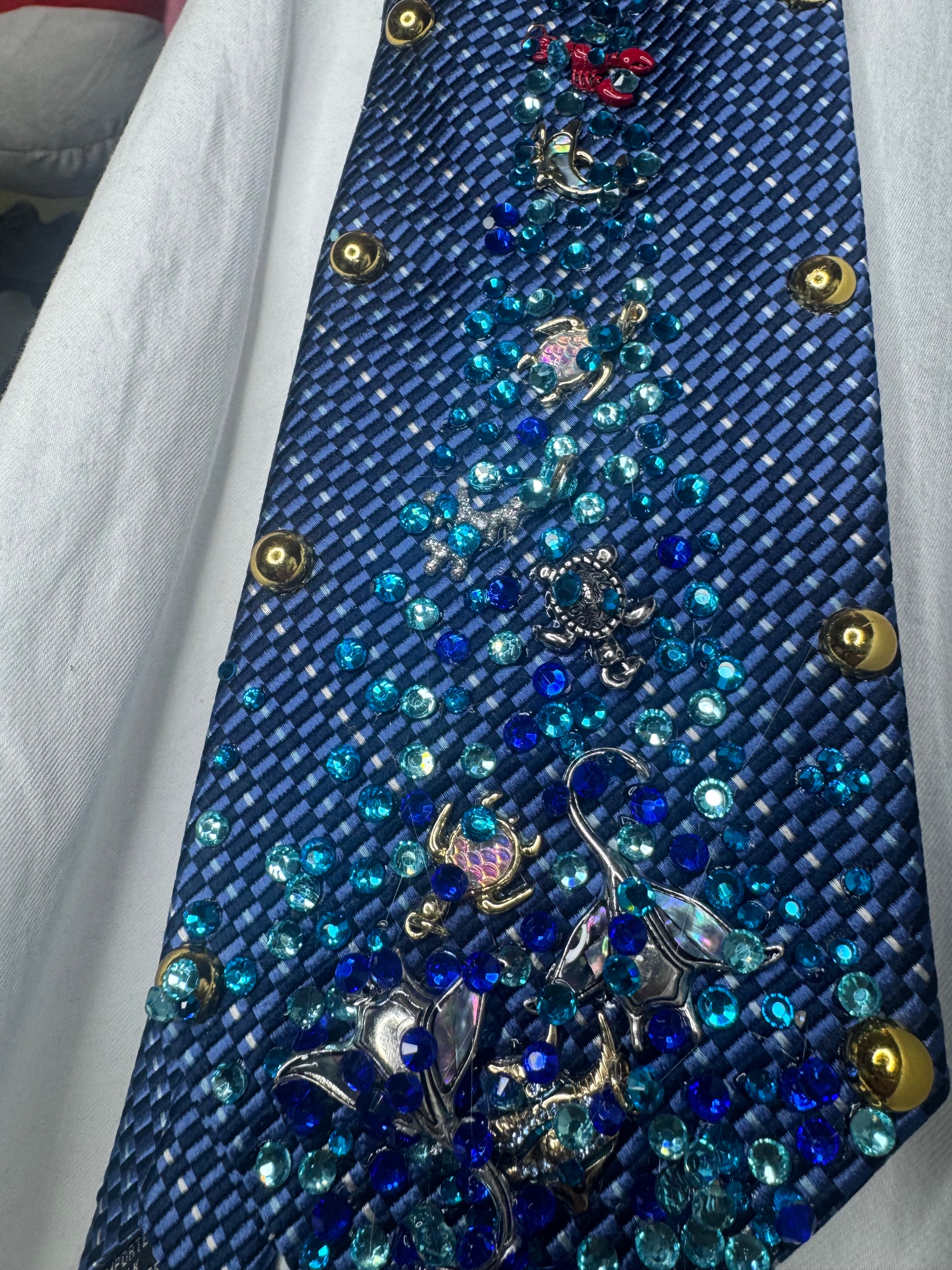 Navy Blue Tropical Treasure Box Spilling Ocean Royalty Tie
