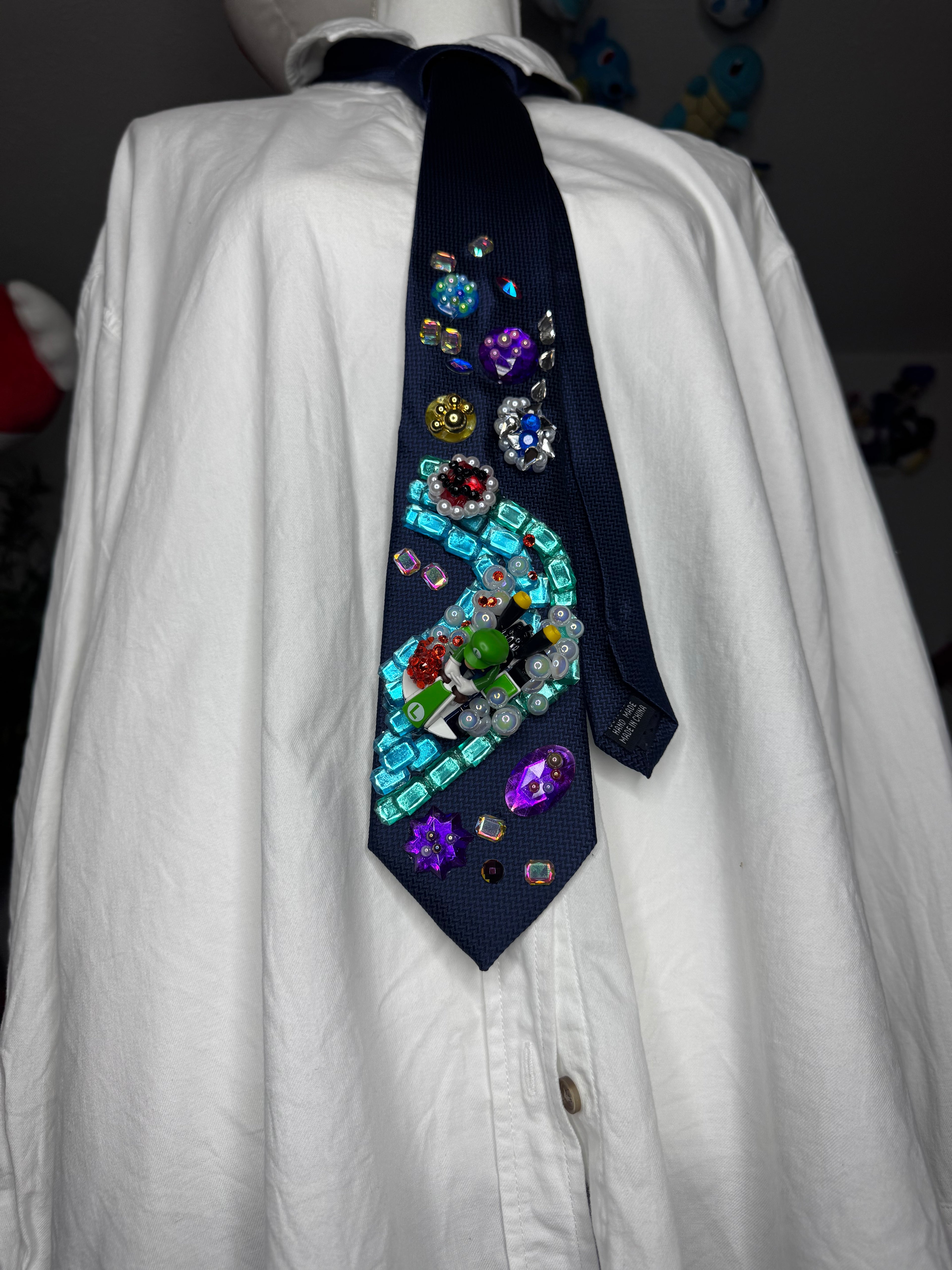 Navy Blue Luigi Dodging Blue and Red Shell On Icy Glacier Road 200cc Mario Kart Tie