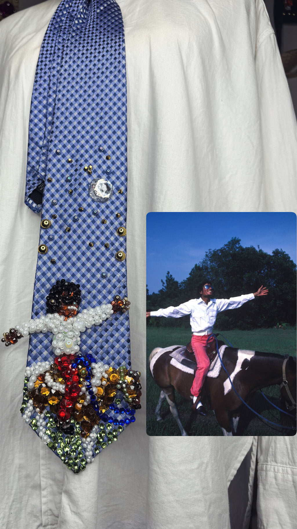 Blue Michael Jackson Smiling Being Free While Horseback Riding Tie