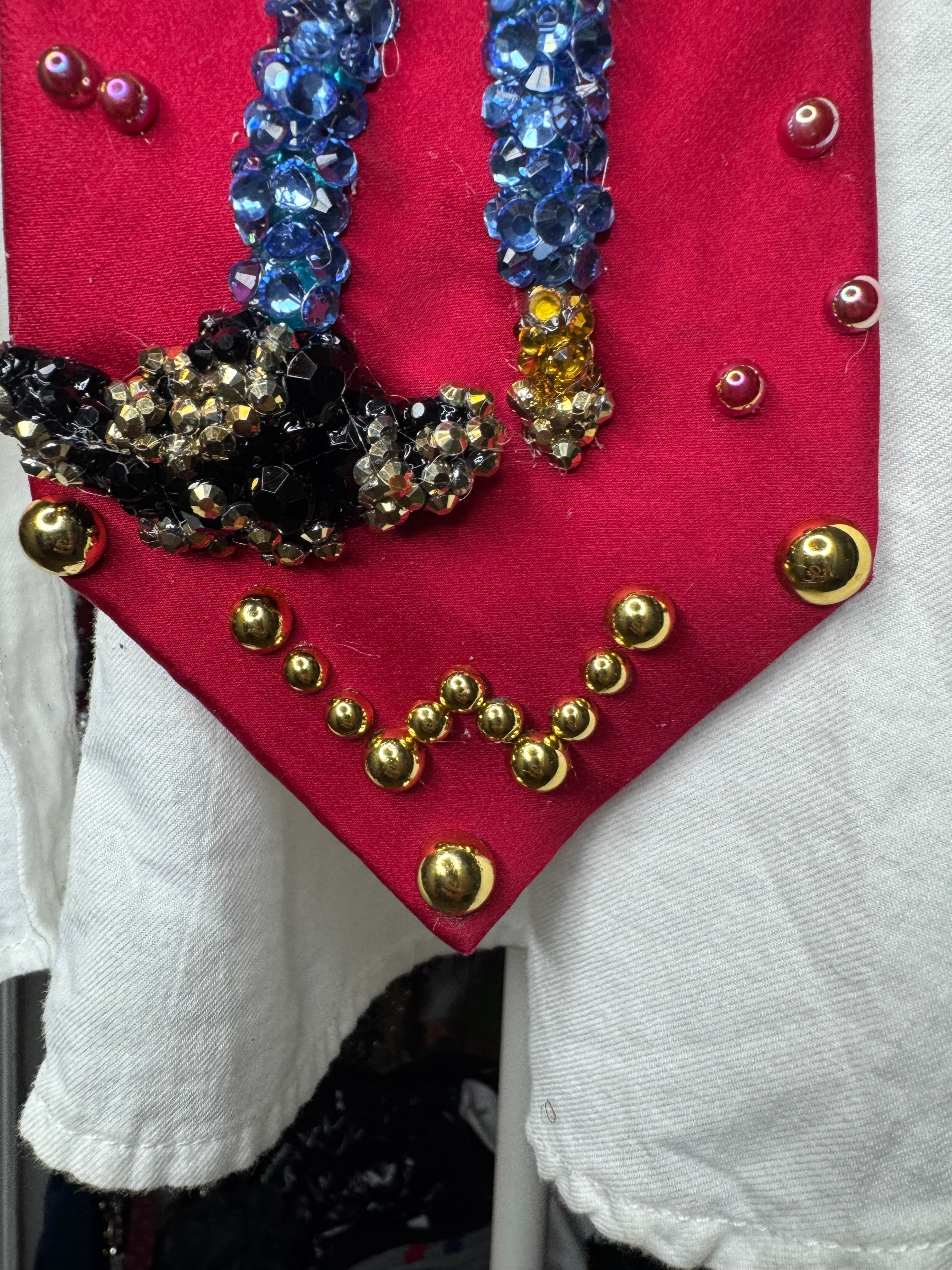 Red silk Whitney Houston with Hands Hip, Smiling with Jacket on Floor Photo shoot Tie