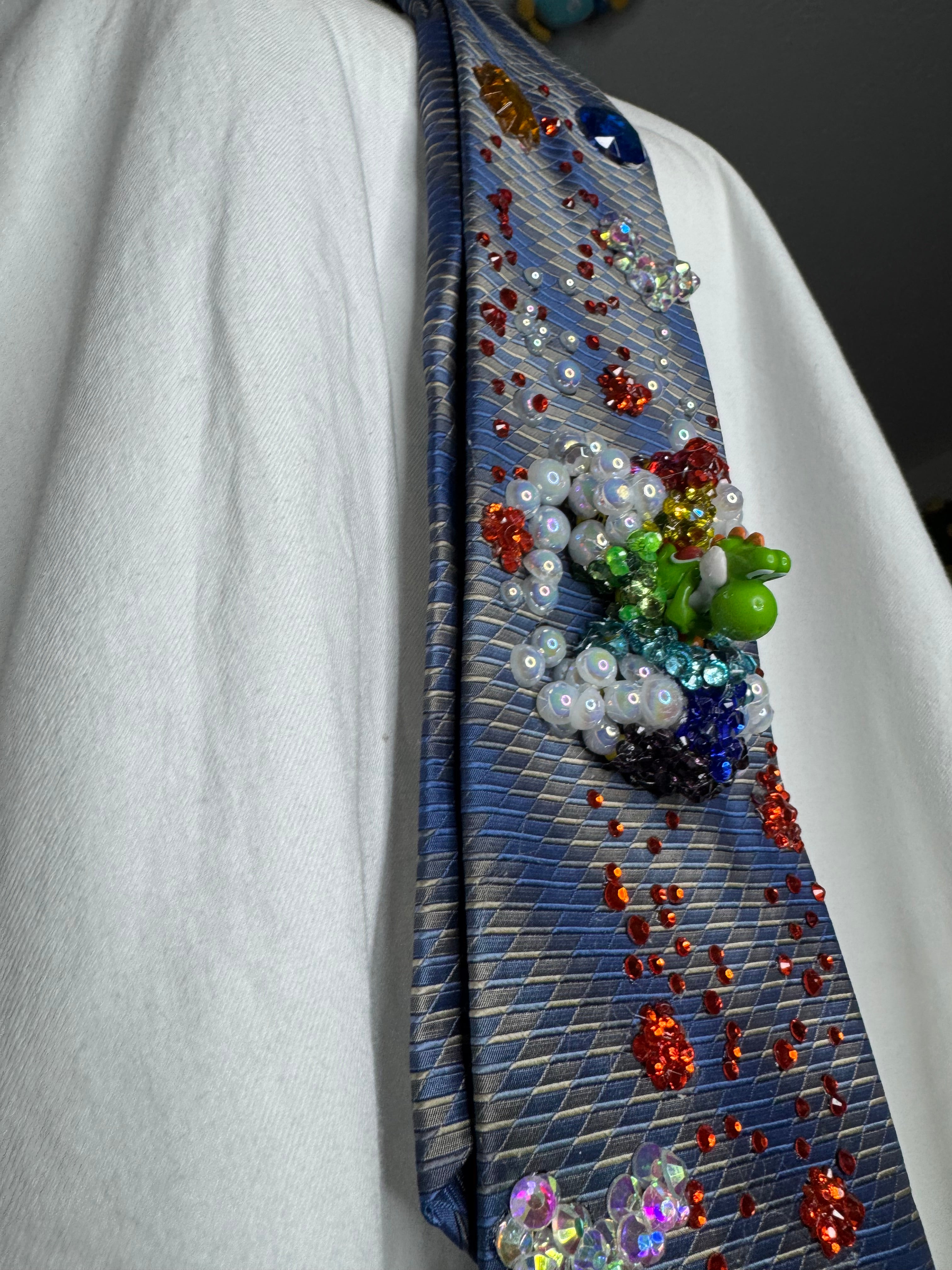 Navy Blue and Grey Yoshi Activating Star Power Near Fireballs Mario Kart Tie