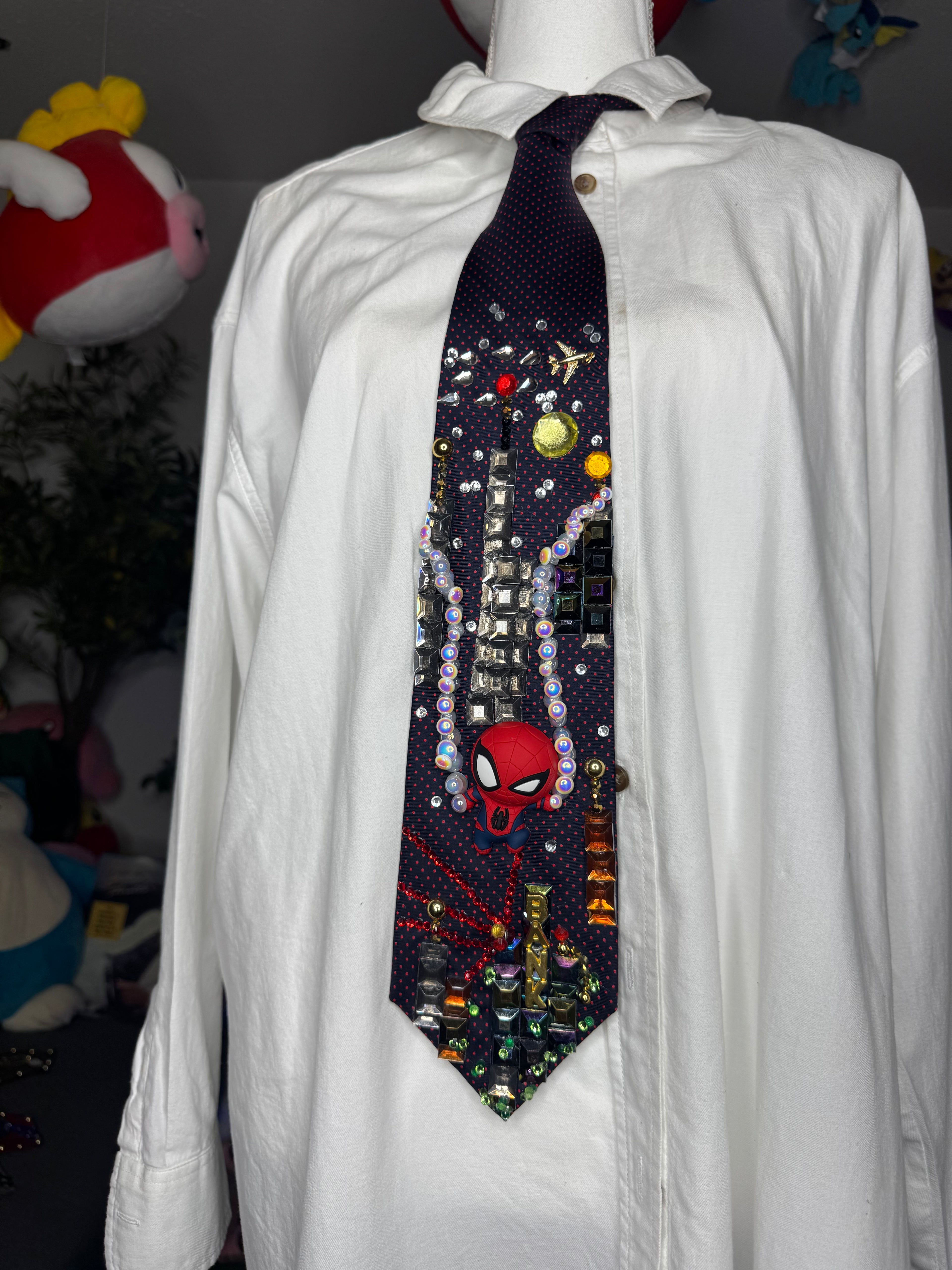 Navy Blue Spiderman Saving Bank Robbery in the City Tie