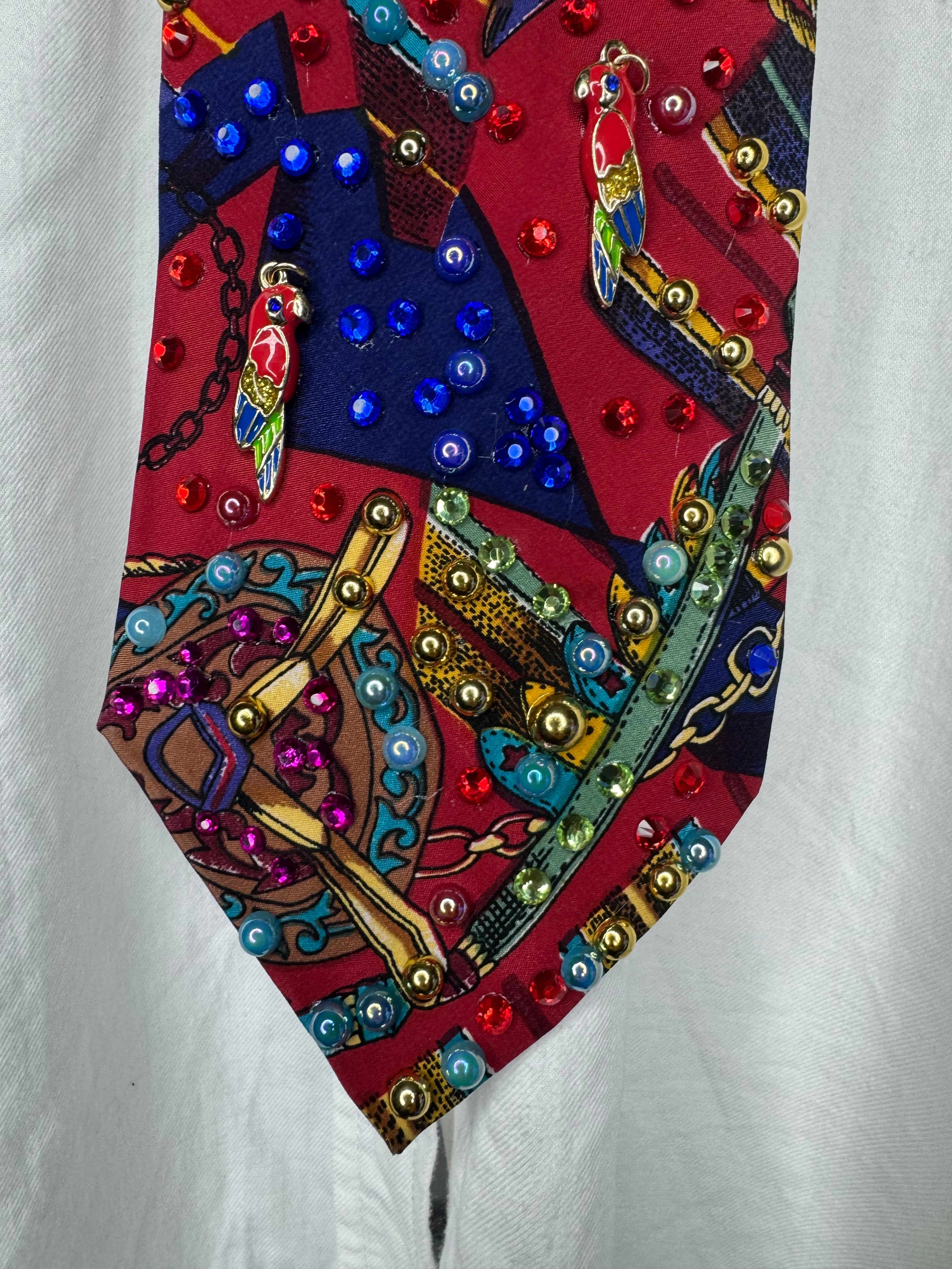 Red Luxury Tasseled Printed Tropical Treasure Royalty Tie