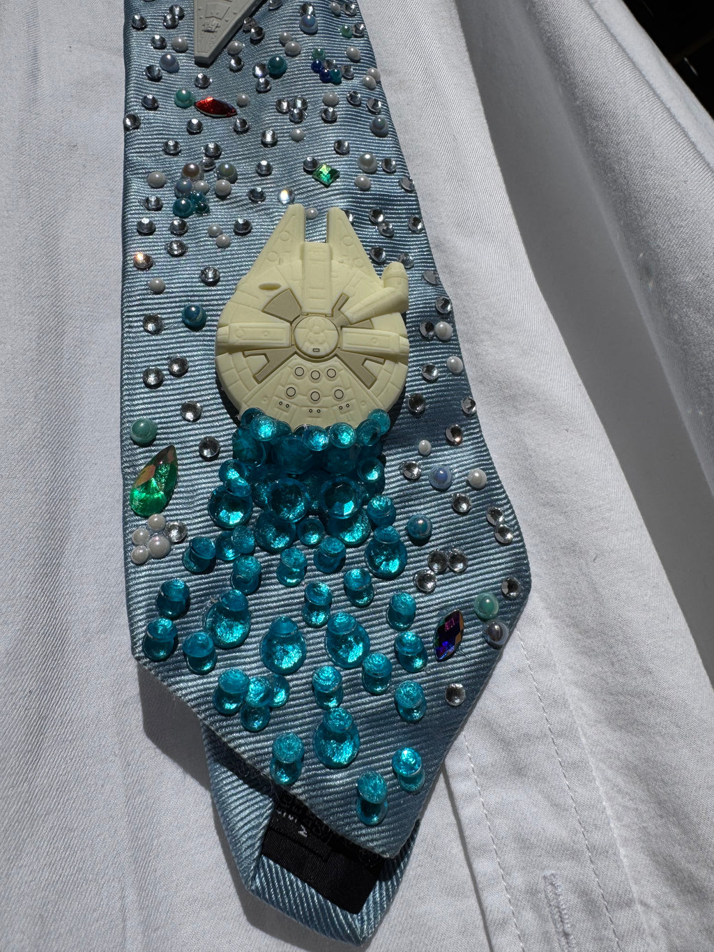 Light Blue Millineium Falcon Flying Towards Star Destroyer Star Wars Tie
