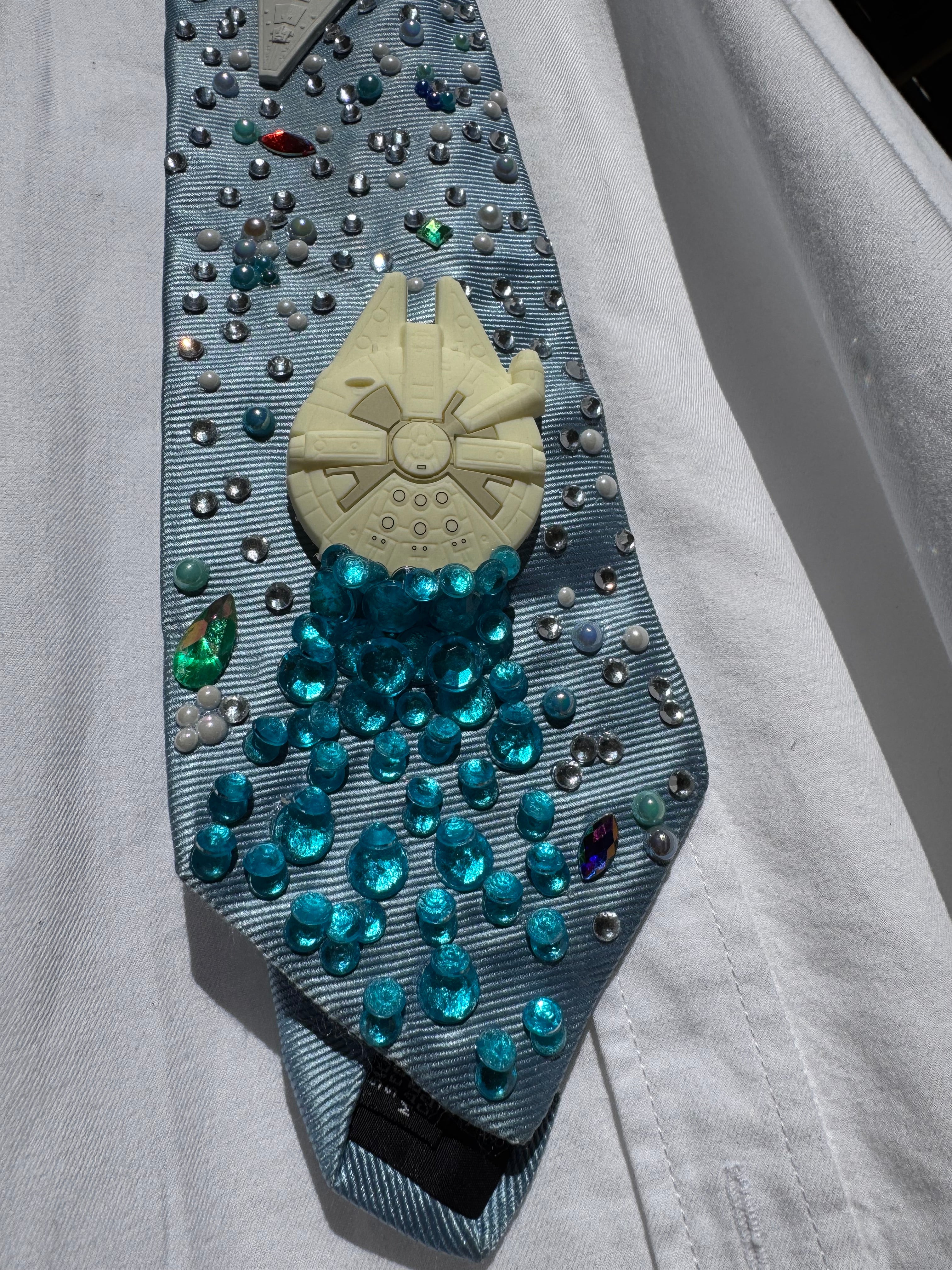 Light Blue Millineium Falcon Flying Towards Star Destroyer Star Wars Tie