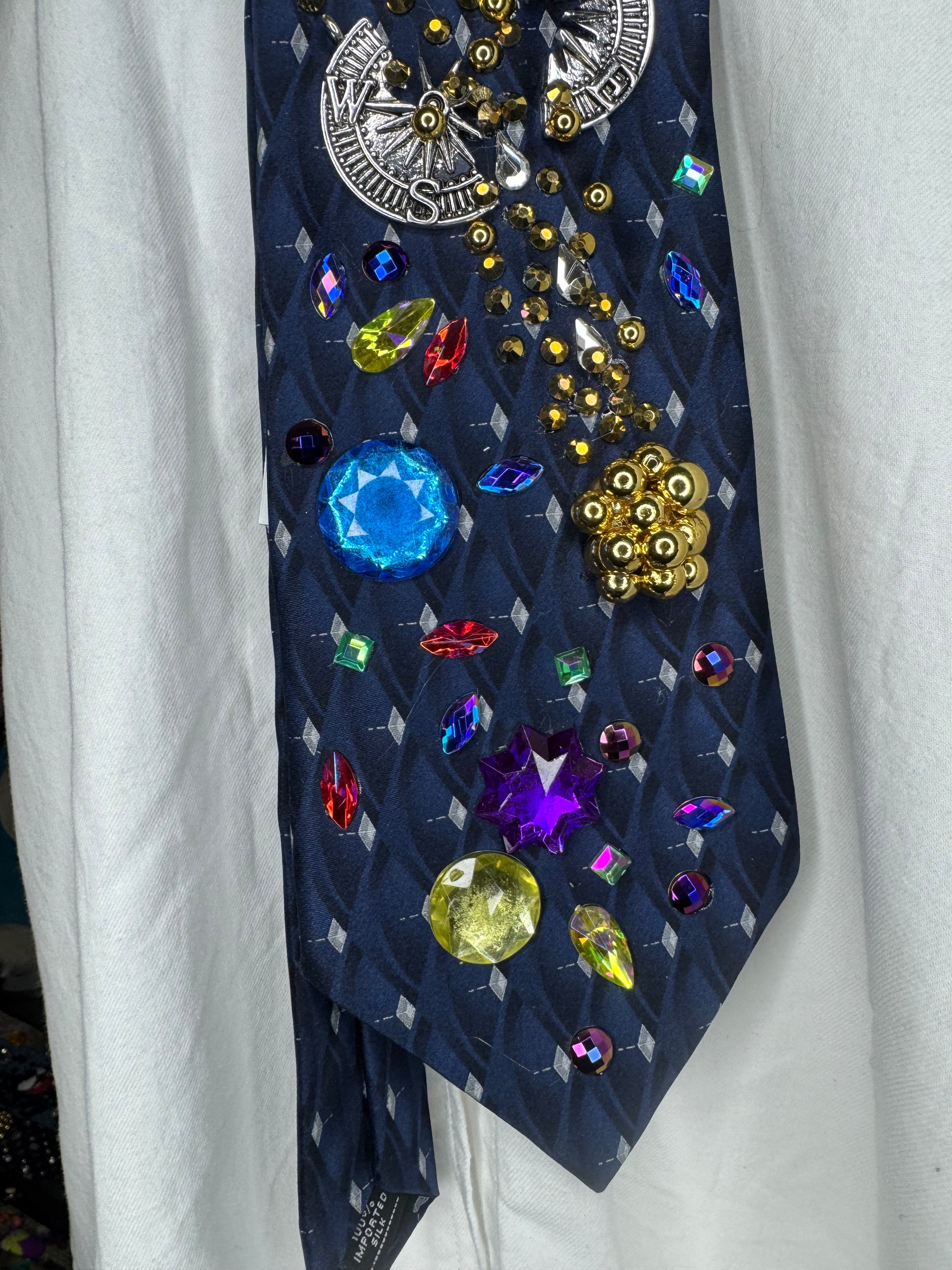 Navy Blue Golden Asteroid Breaking Compass Space Royalty Tie