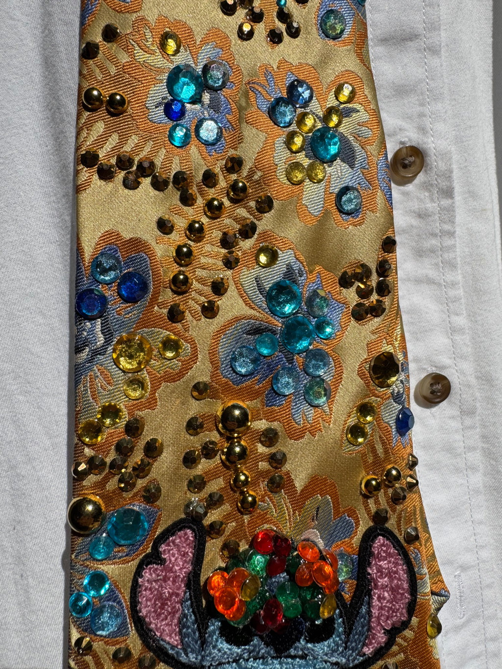 Gold Floral Hawaiian Stitch Wearing Two Leis Movie Tie