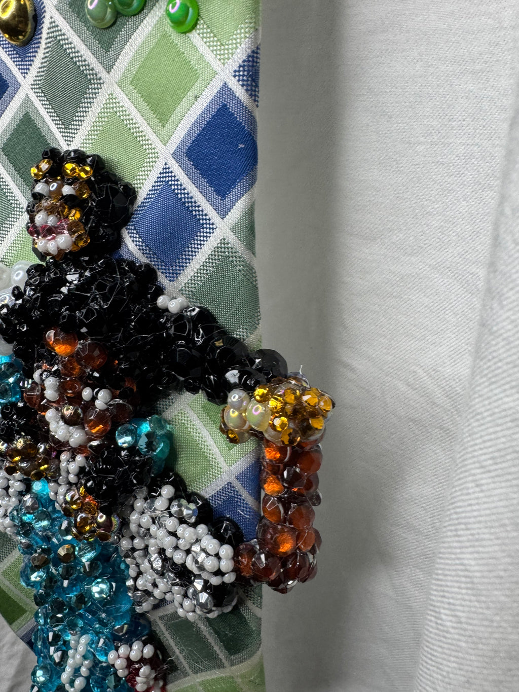 Green and Blue Box Striped Michael Jackson Smiling With Bubbles on Him and His Exotic Pet Giraffe Tie