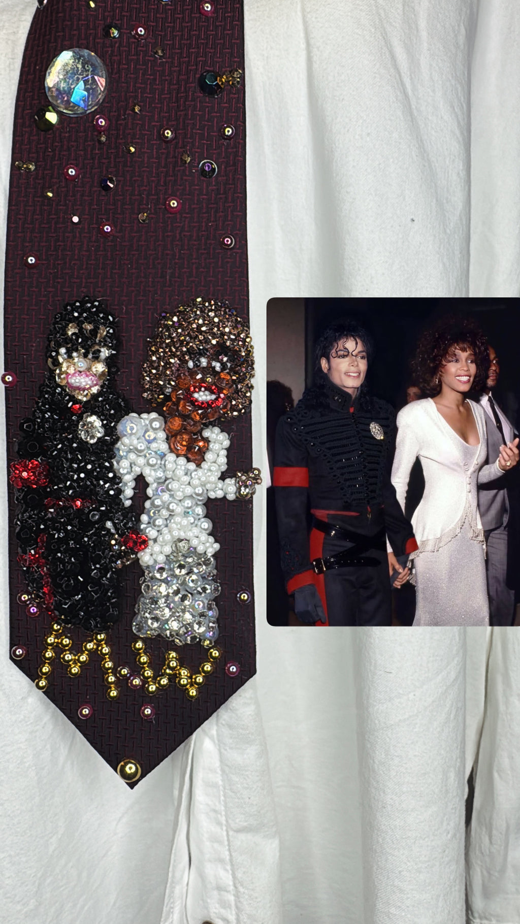 Burgundy Michael Jackson & Whitney Houston Holding Hands in High Class Royalty Outfits for Award Show