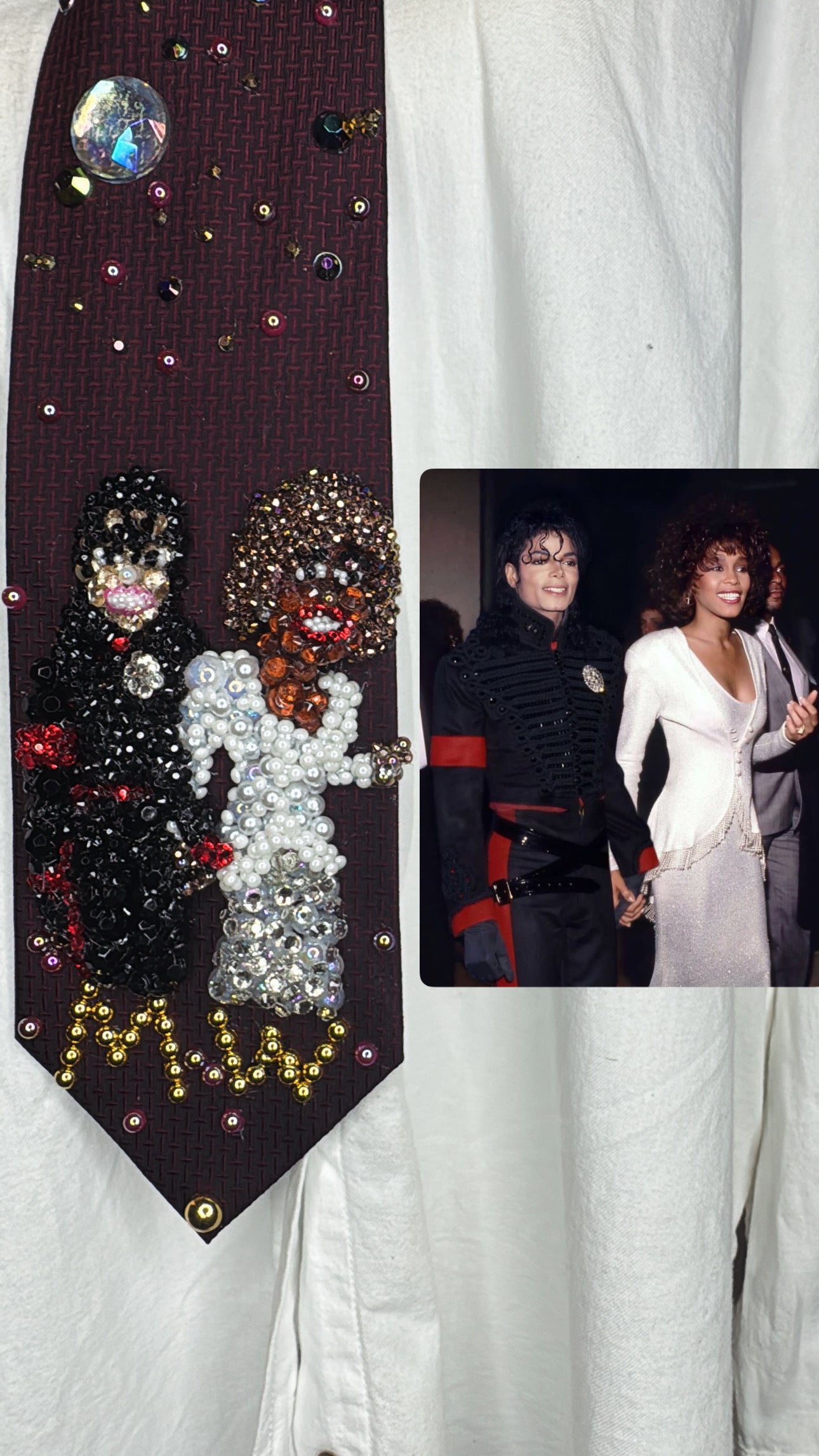 Burgundy Michael Jackson & Whitney Houston Holding Hands in High Class Royalty Outfits for Award Show