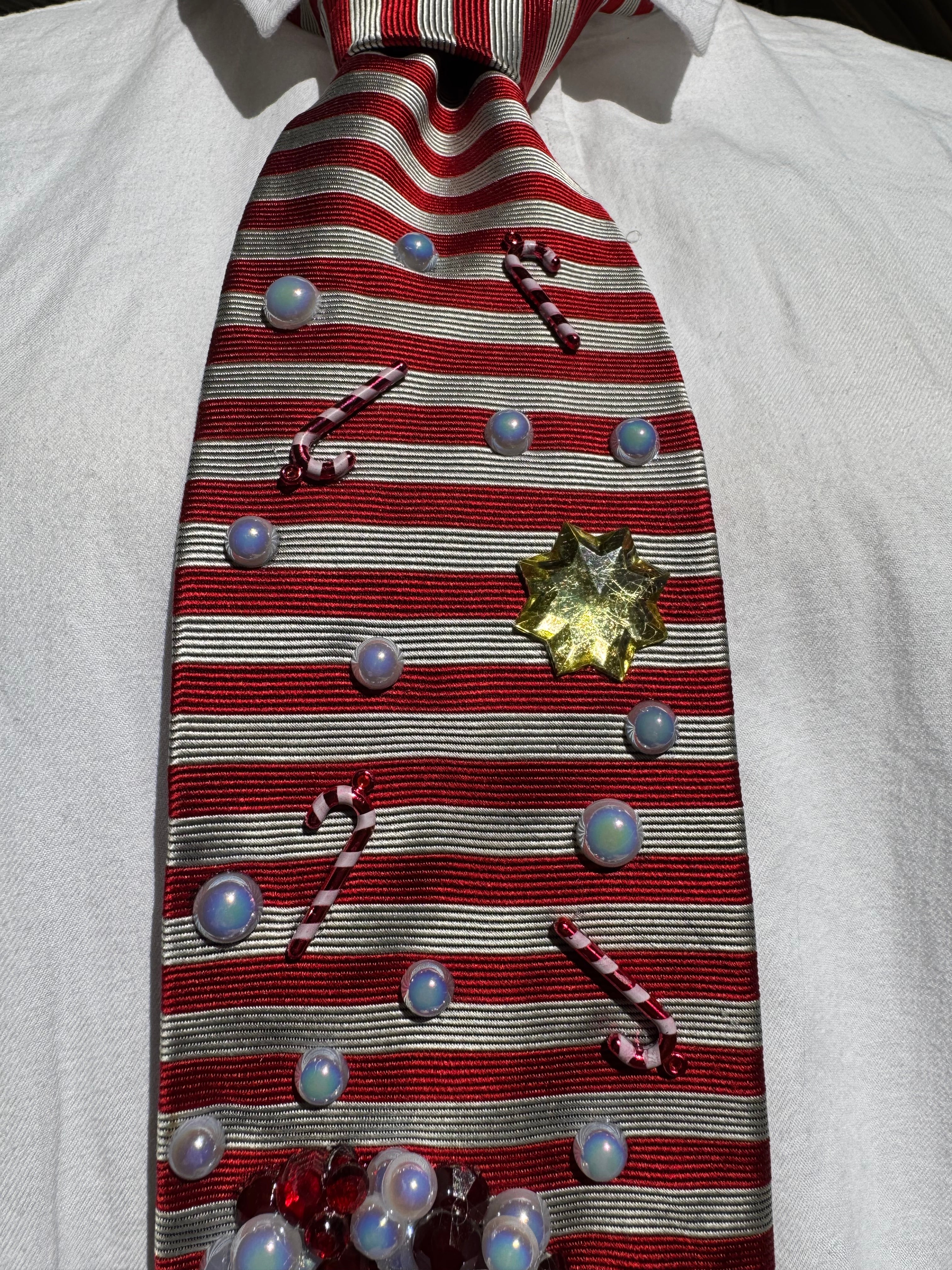 Red and White Pinstriped Candy Cane Candy Fountain Showering Stitch Christmas Tie