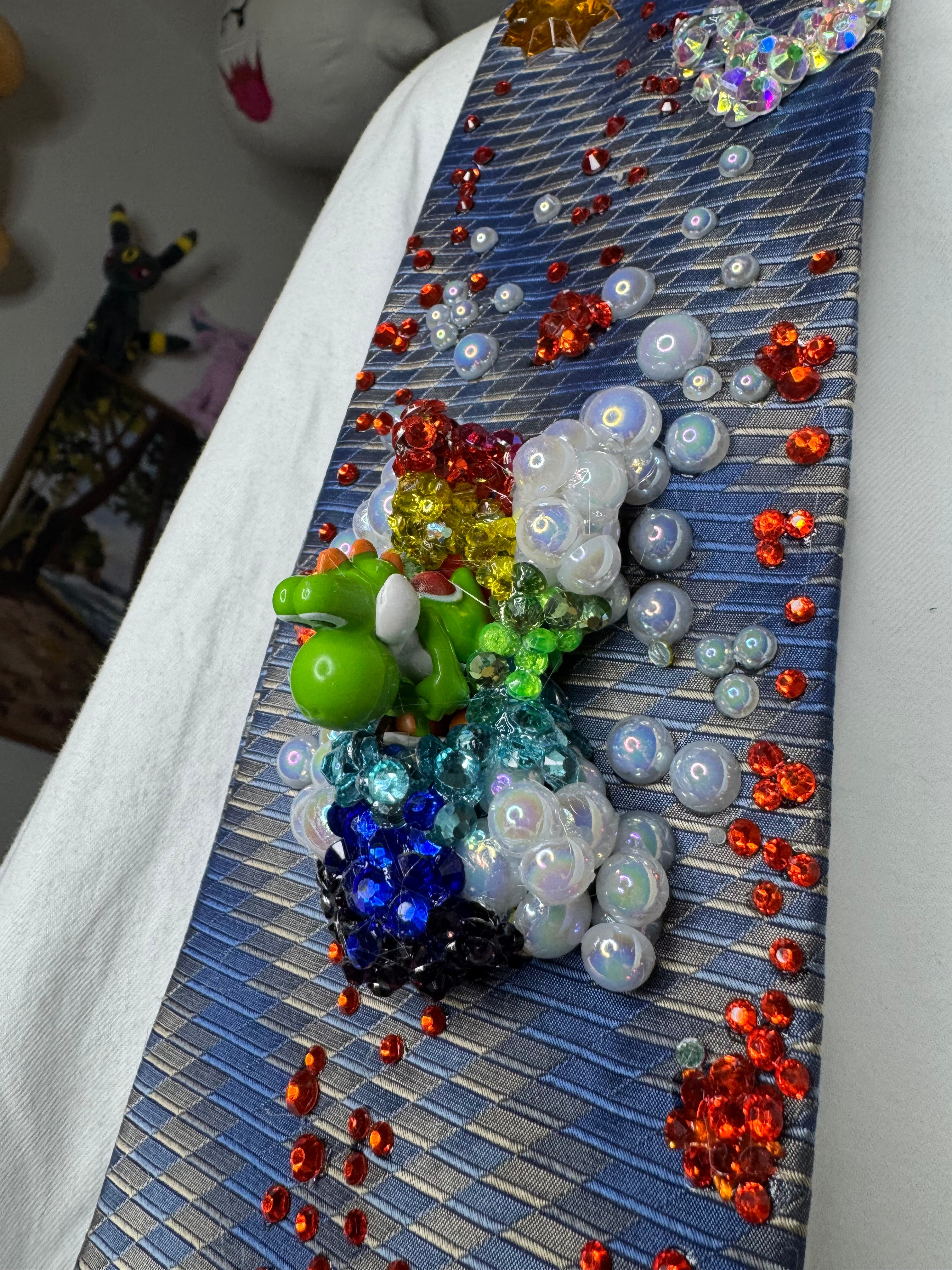 Navy Blue and Grey Yoshi Activating Star Power Near Fireballs Mario Kart Tie