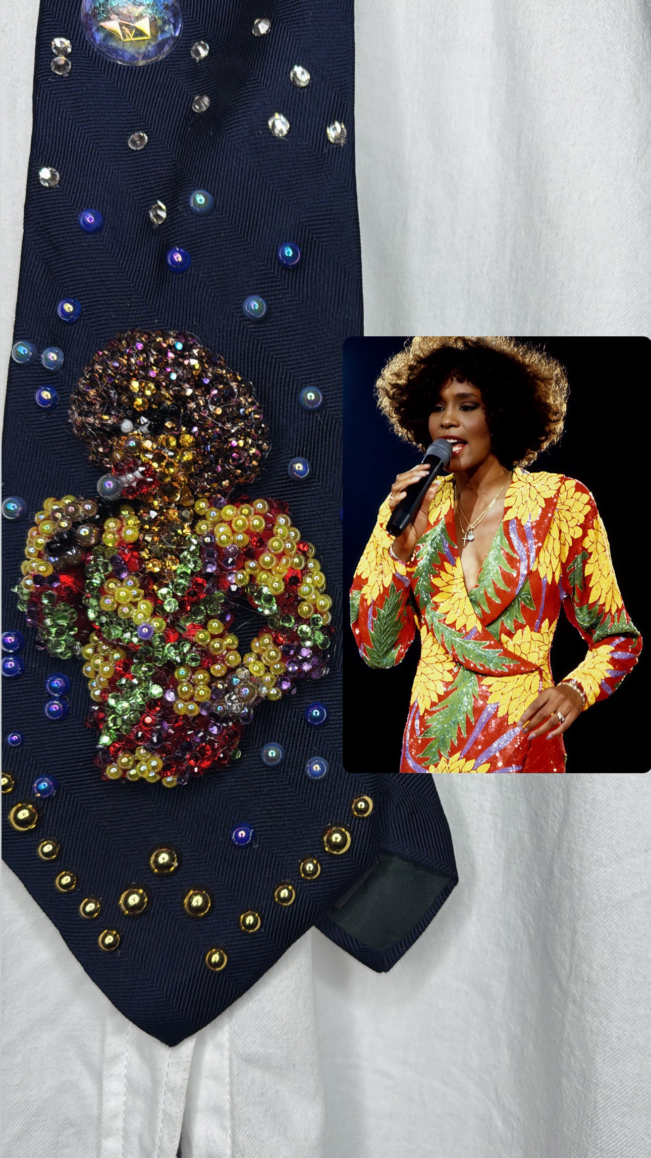 Navy Blue Whitney Houston in Royal Red Colorful Floral Blazer Dress Performing Live Tie