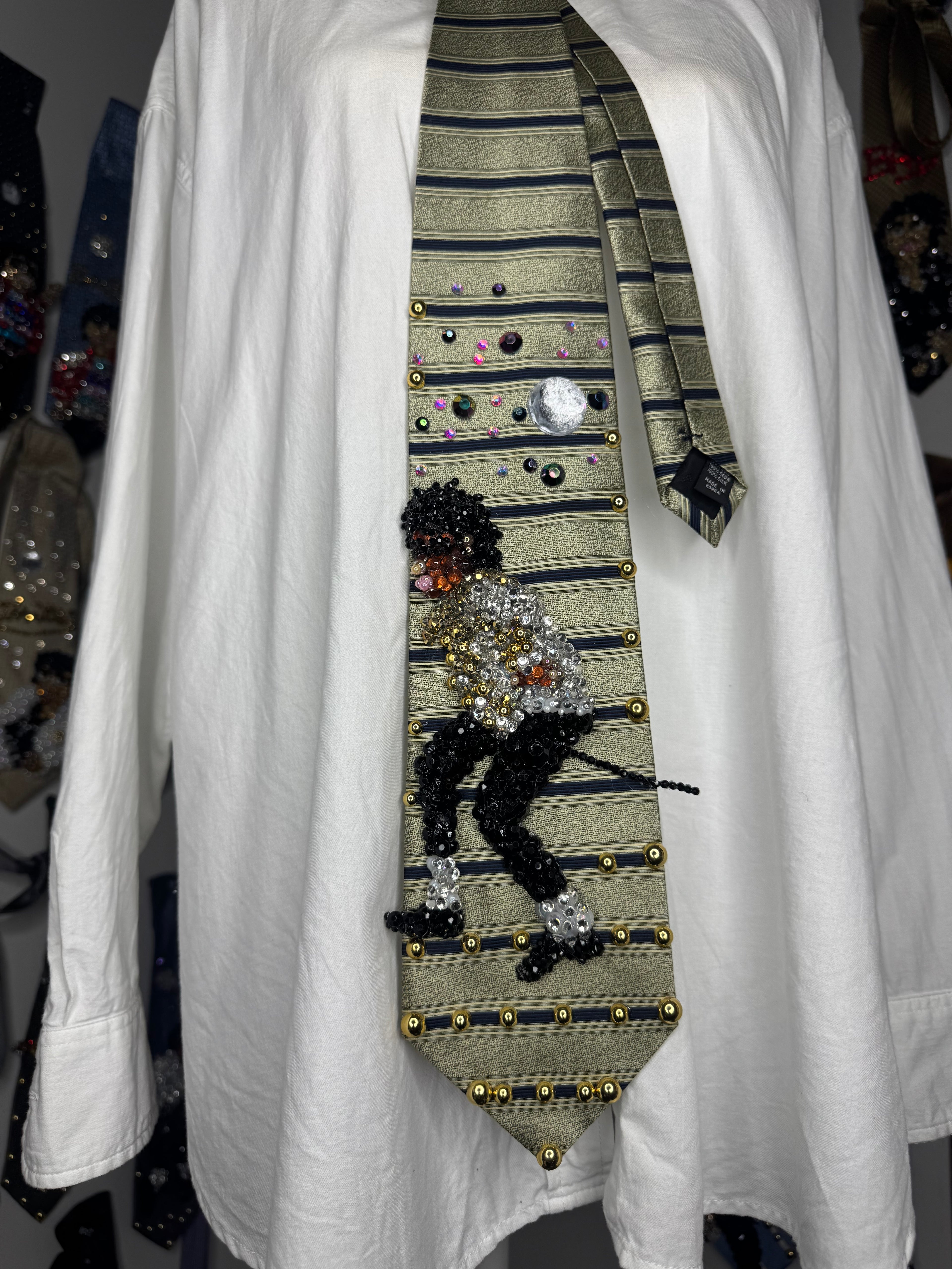Light Olive Green and Navy Blue Striped Michael Jackson Hitting Indian Walk WBSS Victory Tour 1984 Tie