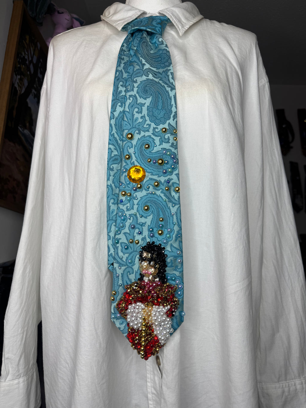 Light Blue Paisley Michael Jackson in Red and Gold Chinese Royalty Outfit During His China Tour Bad Era Tie