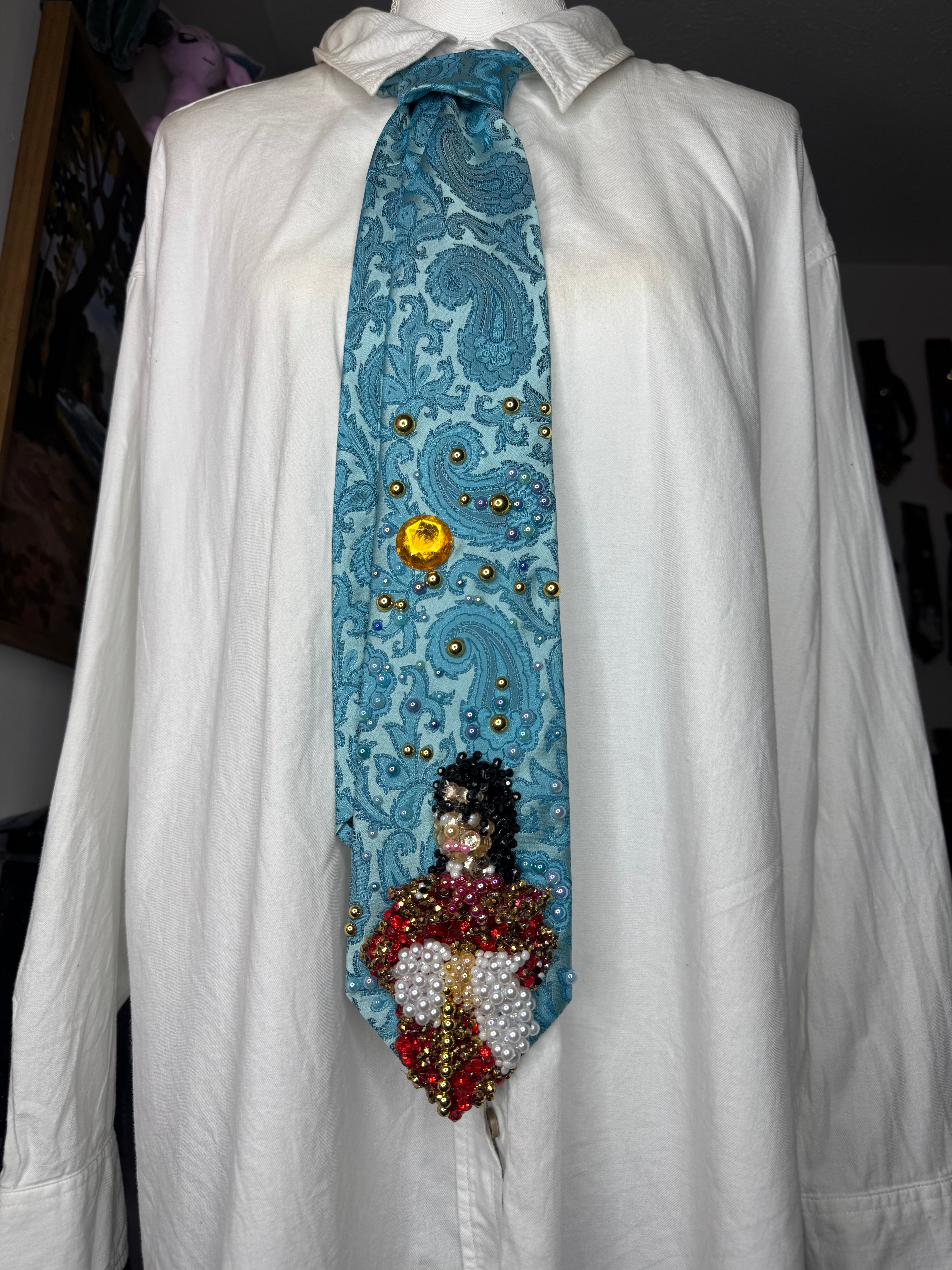 Light Blue Paisley Michael Jackson in Red and Gold Chinese Royalty Outfit During His China Tour Bad Era Tie