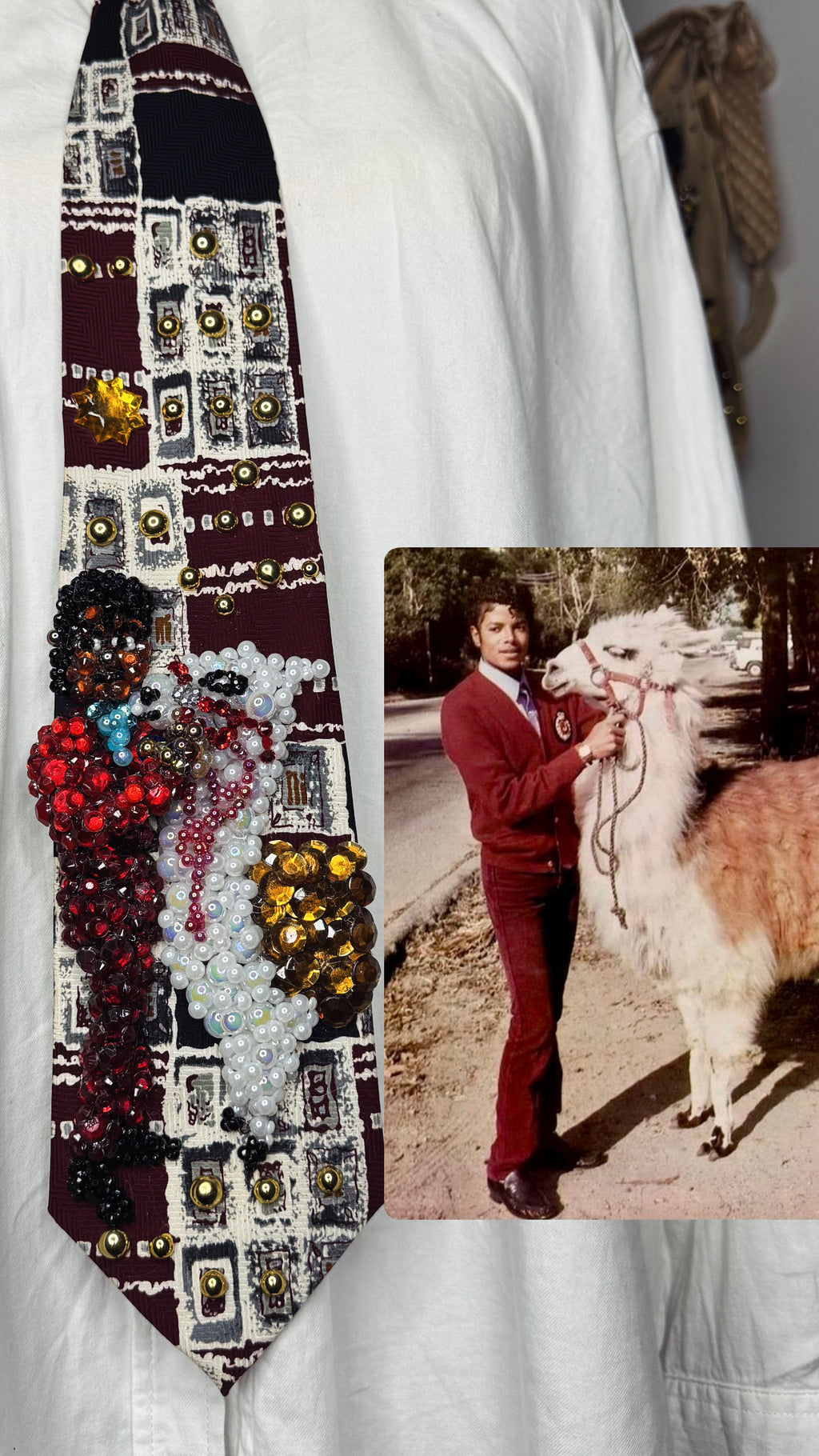 Burgundy and White Michael Jackson With His Exotic Pet Llama Louie Tie