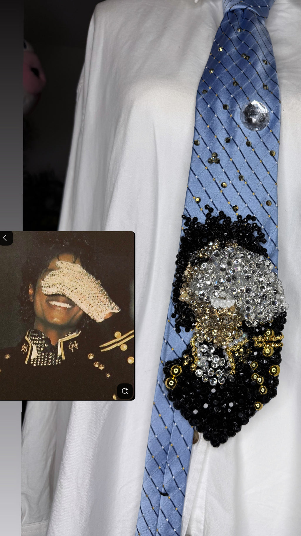 Sky Blue Michael Jackson White Glove Over Face Smiling at the Guinness Book Of World Records 1984 Tie