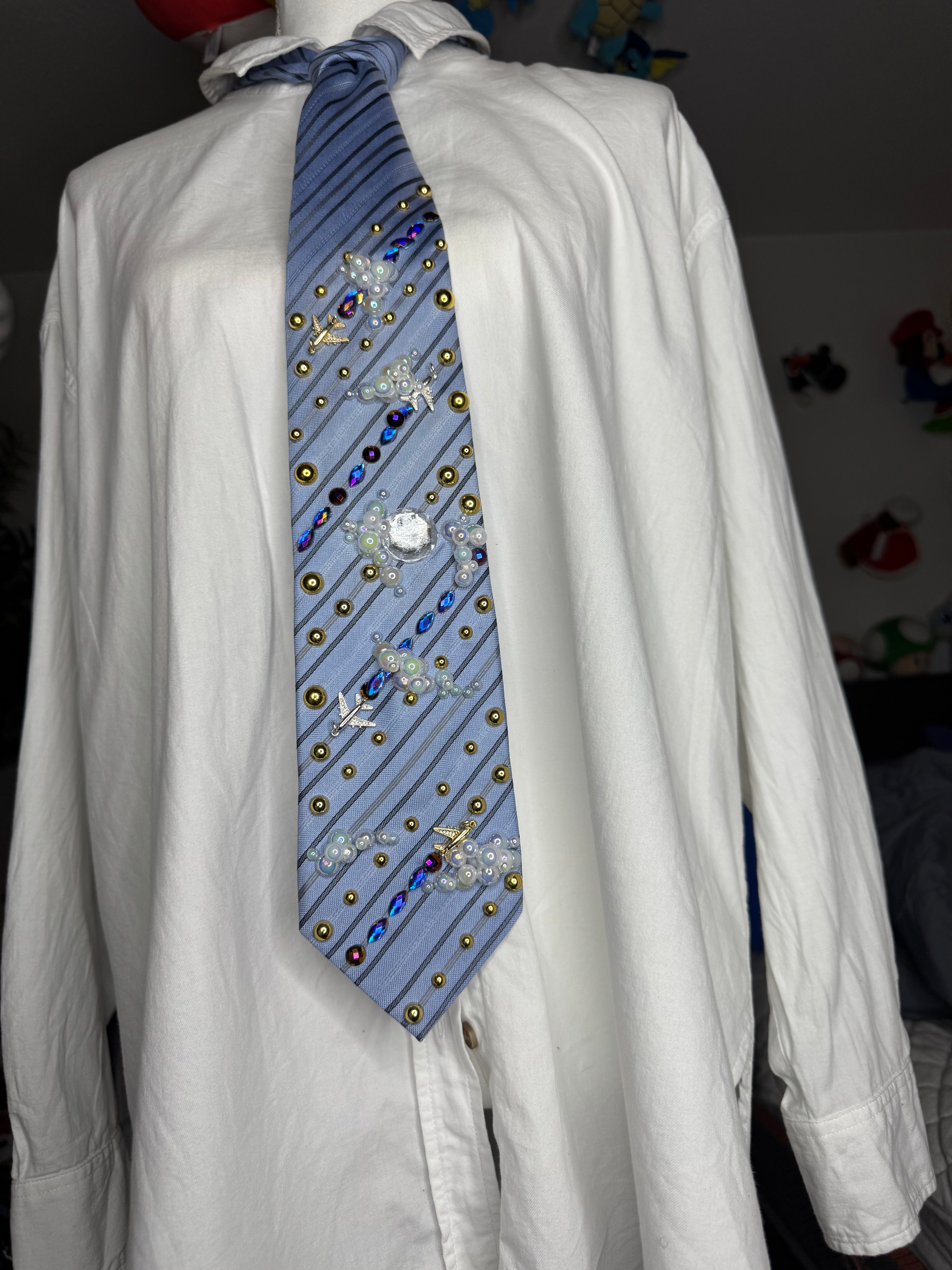 Light Blue Striped Clouds and Airplanes Leaving Jewel Trail Royalty Pilot Tie