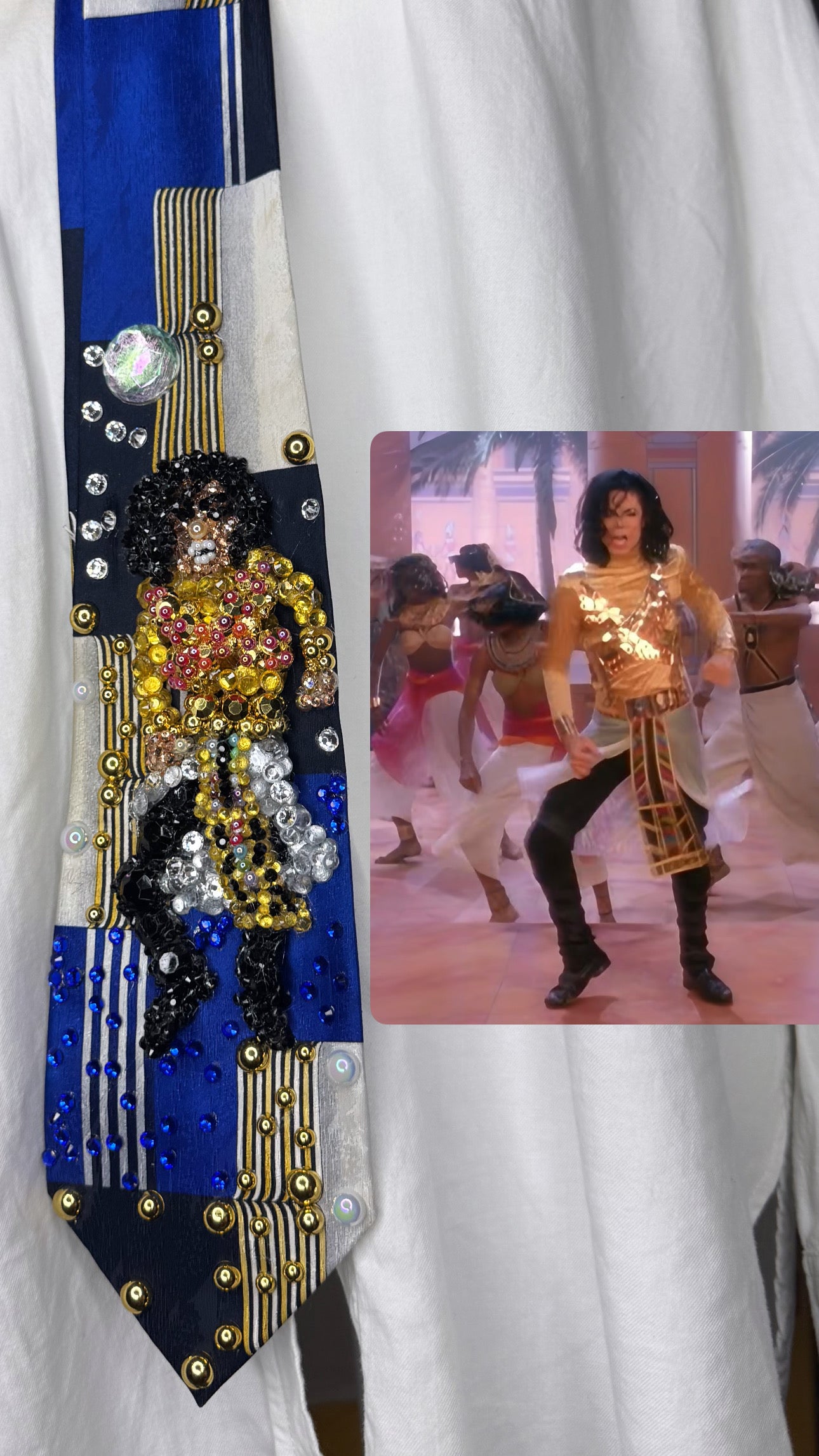 Multicolored Michael Jackson Hitting Leg Twist Fist Balled Move in Remember the Time Music Video Tie
