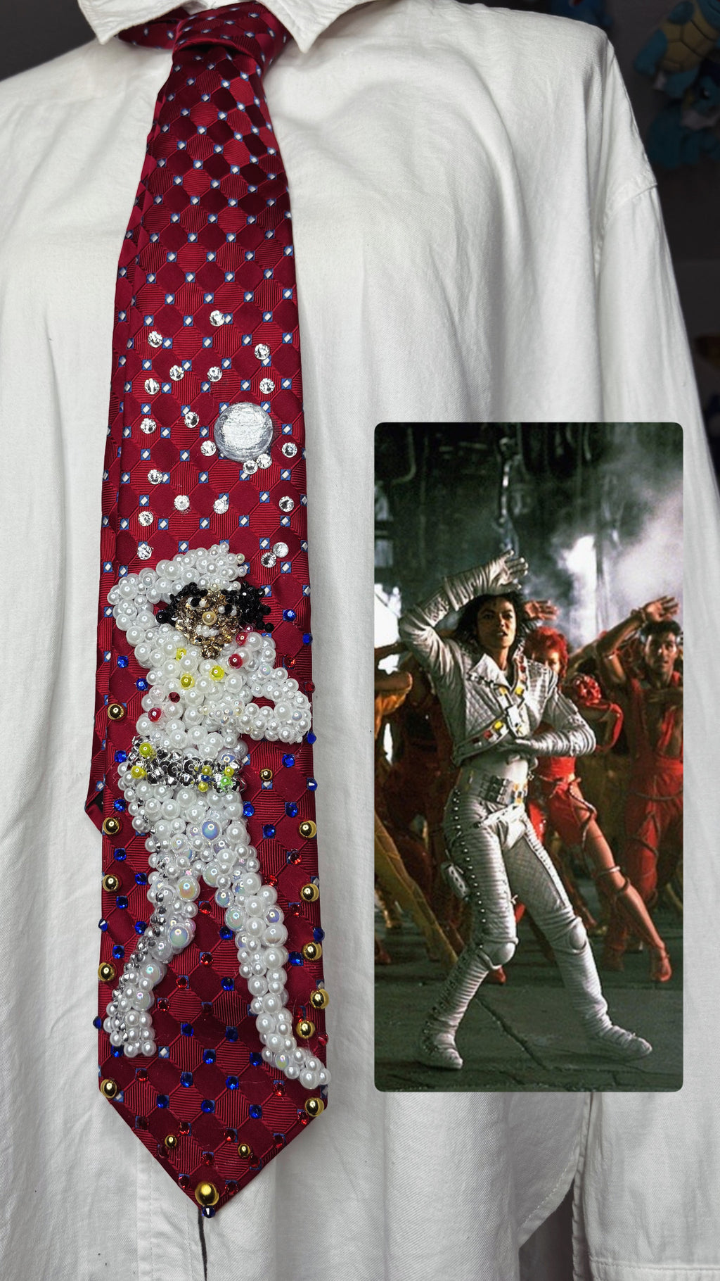 Red Michael Jackson Hitting Hand Over Head and Chest Move in Captain EO Movie Tie