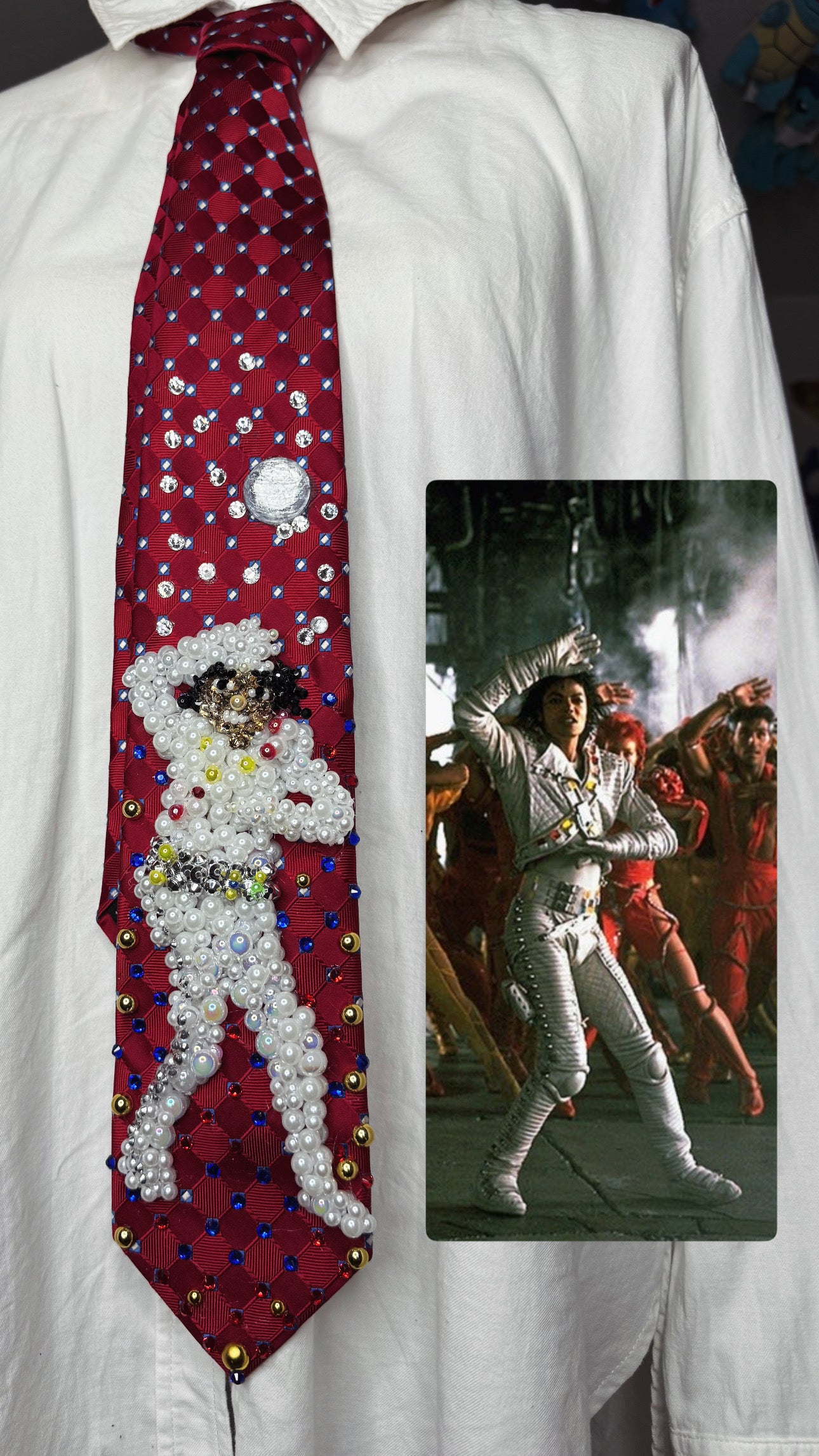 Red Michael Jackson Hitting Hand Over Head and Chest Move in Captain EO Movie Tie