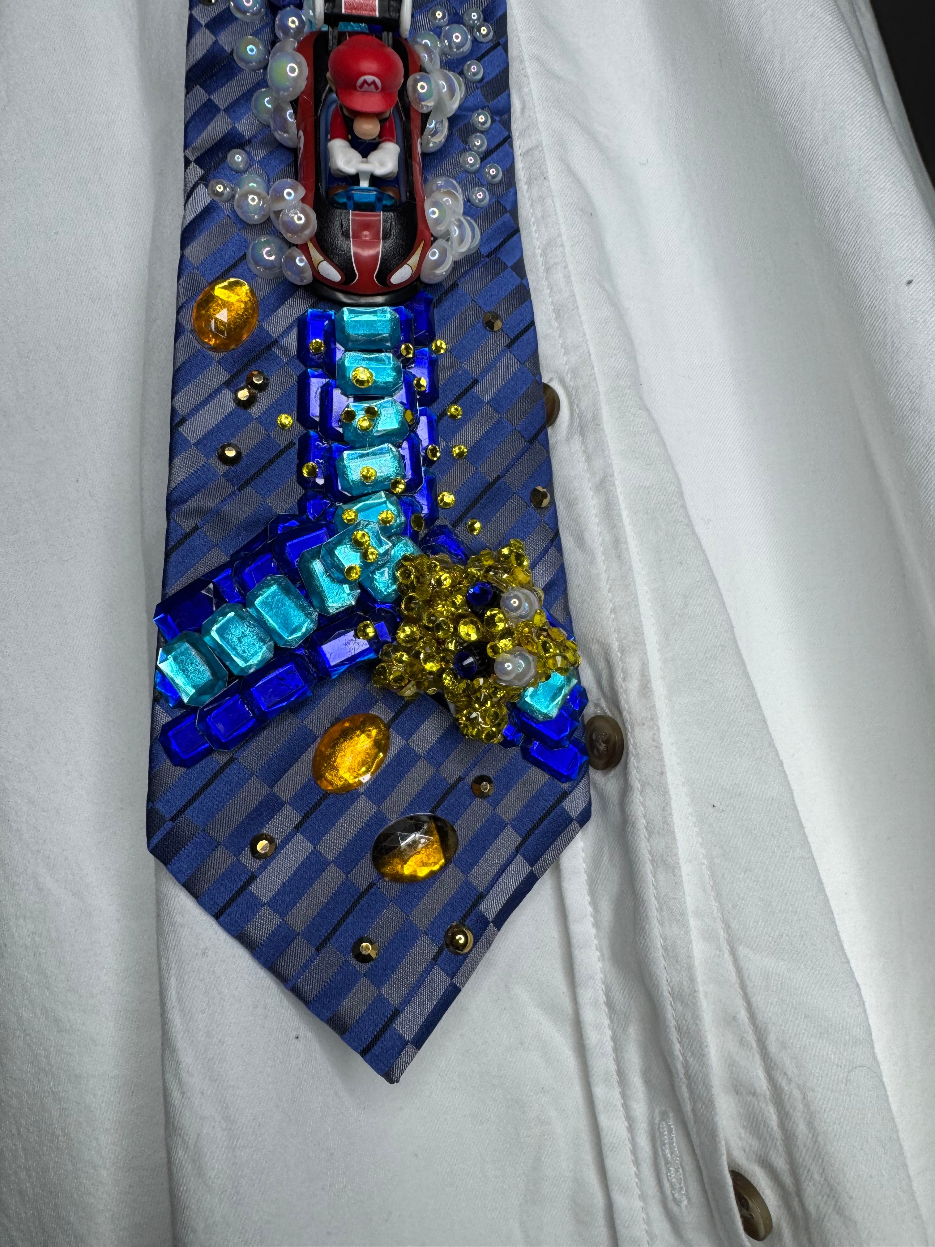 Navy Blue Mario Chasing Star On Icy Glacier Road 200cc Mario Kart Tie