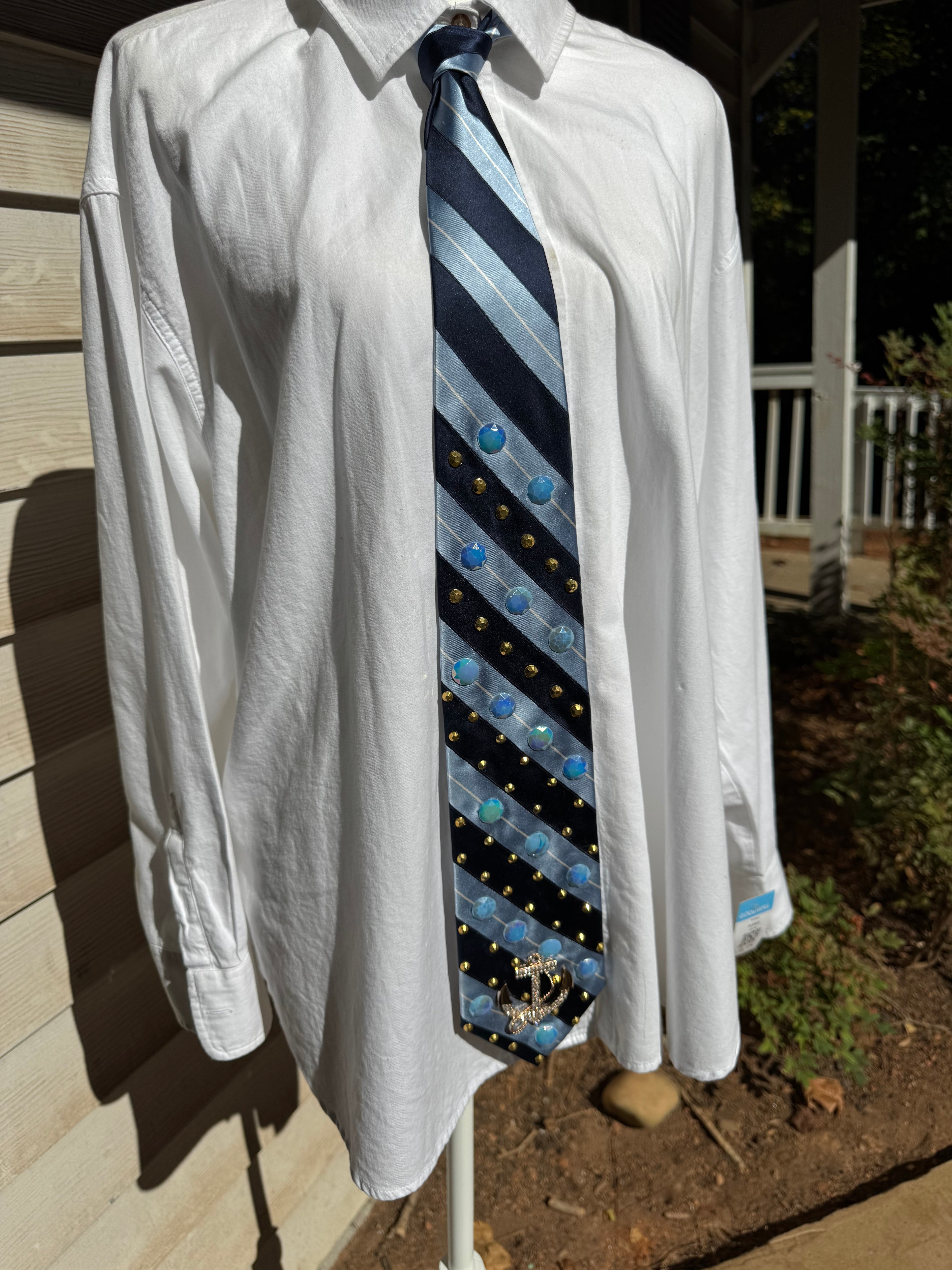 Navy and Light Blue Striped Anchored Nautical Tie