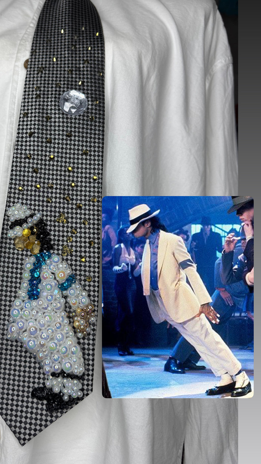 Grey Michael Jackson Doing Iconic Lean from Smooth Criminal Music Video Tie