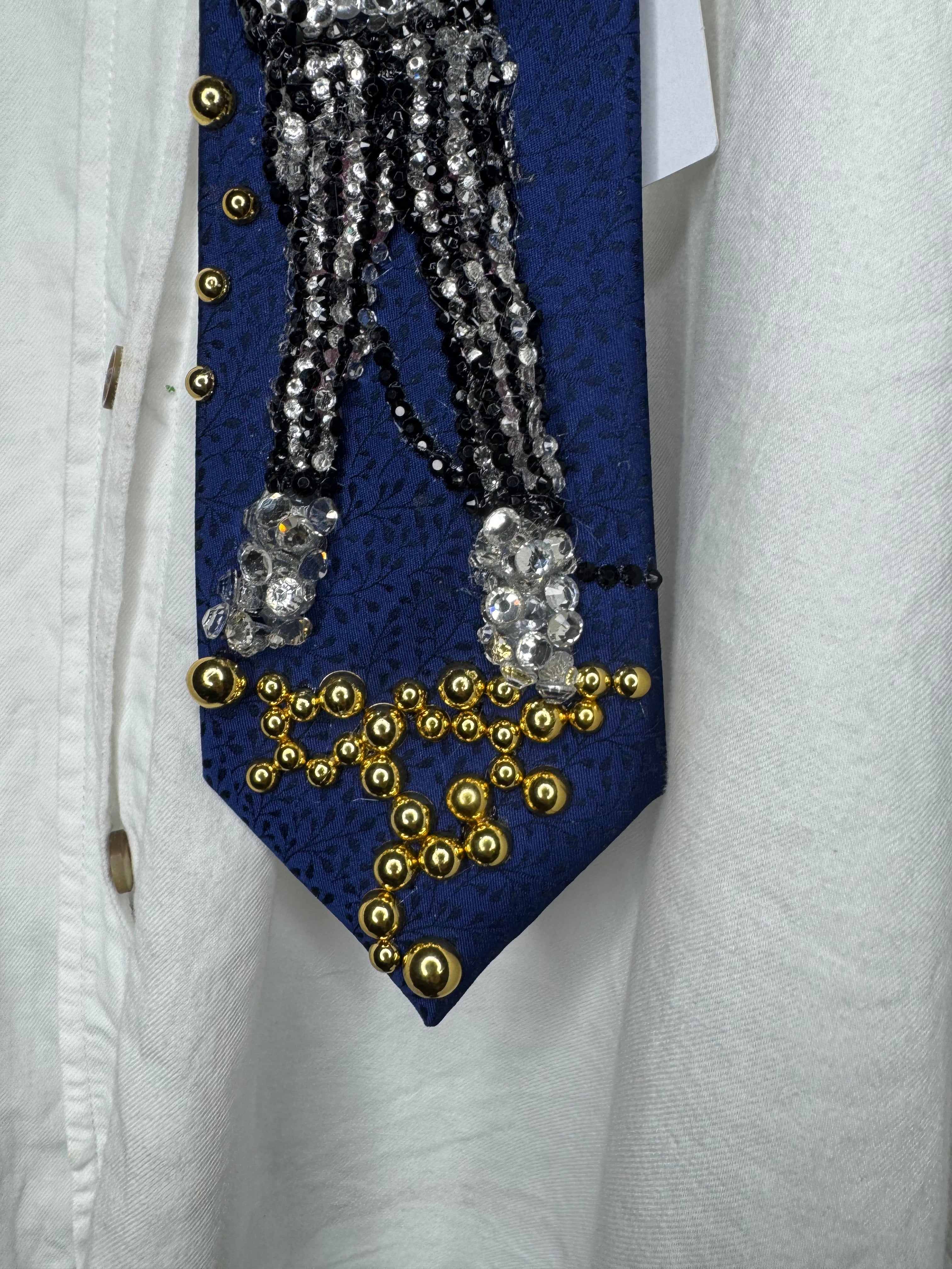 Navy Blue Floral Print Michael Jackson Hitting Star Body Pose While Performing Rock With You Live Tie