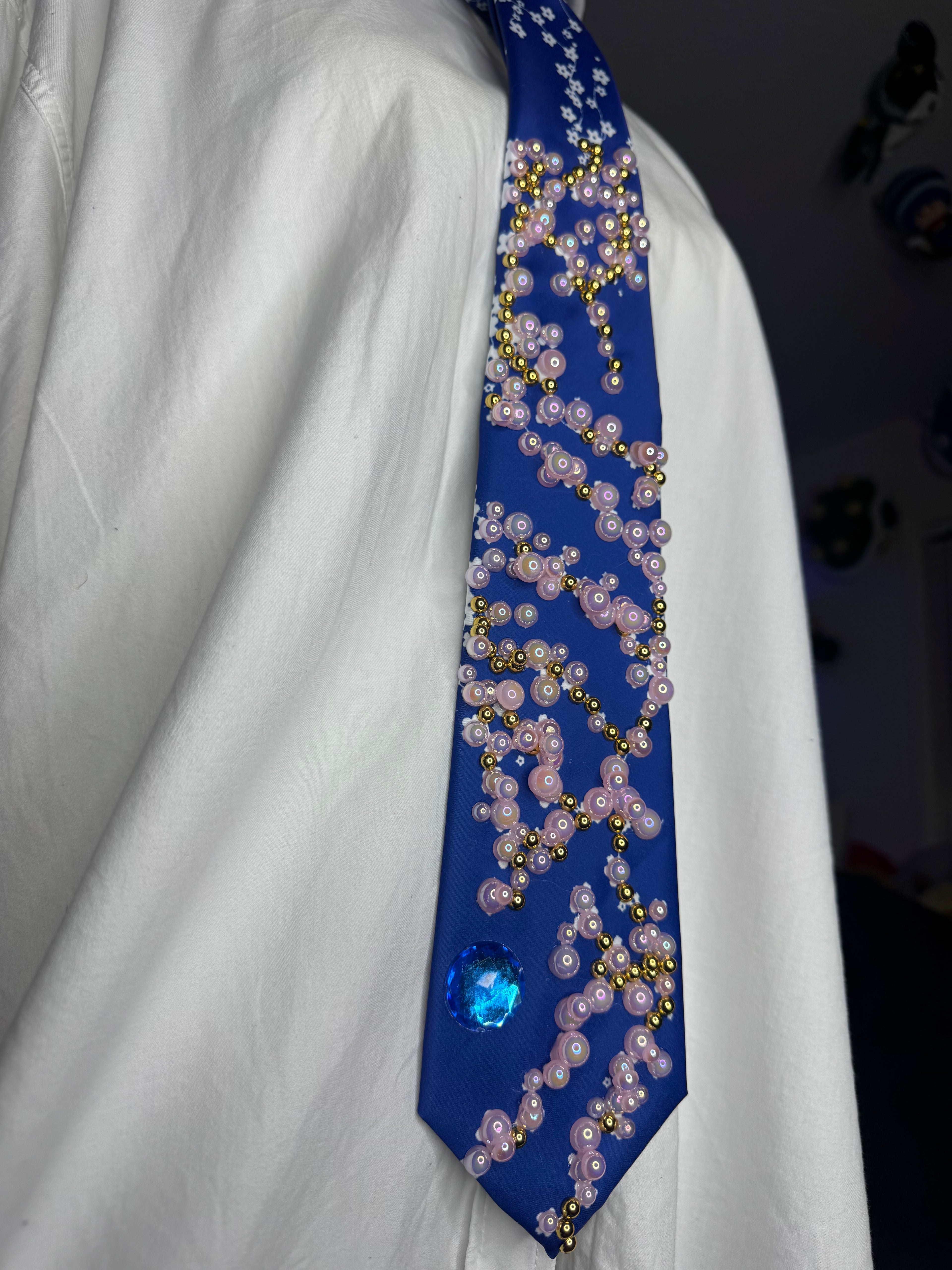 Blue Gold Branch Cherry Blossoms Nature Royalty Tie