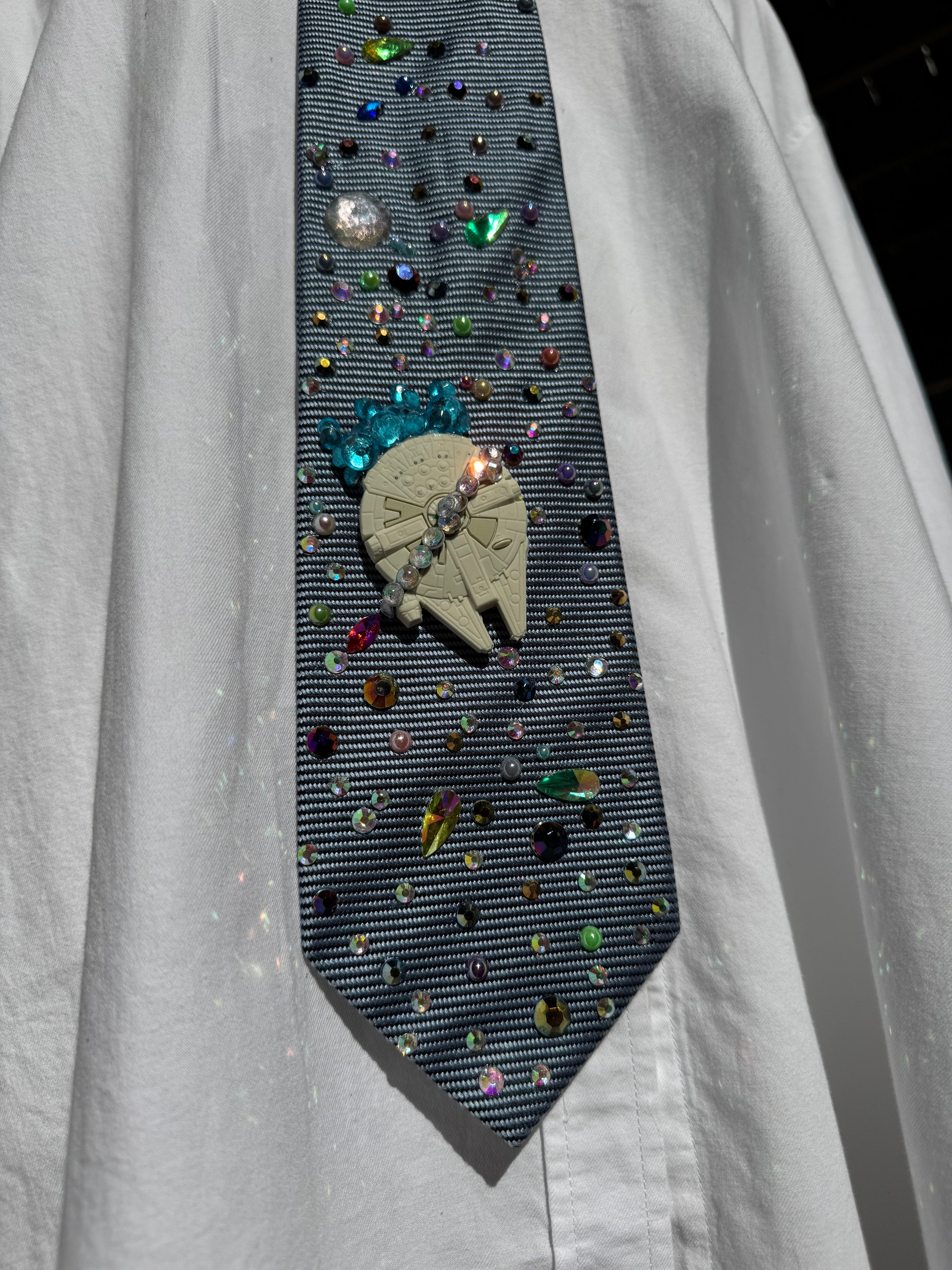 Blue Millineium Falcon Flying Through Space Star Wars Tie